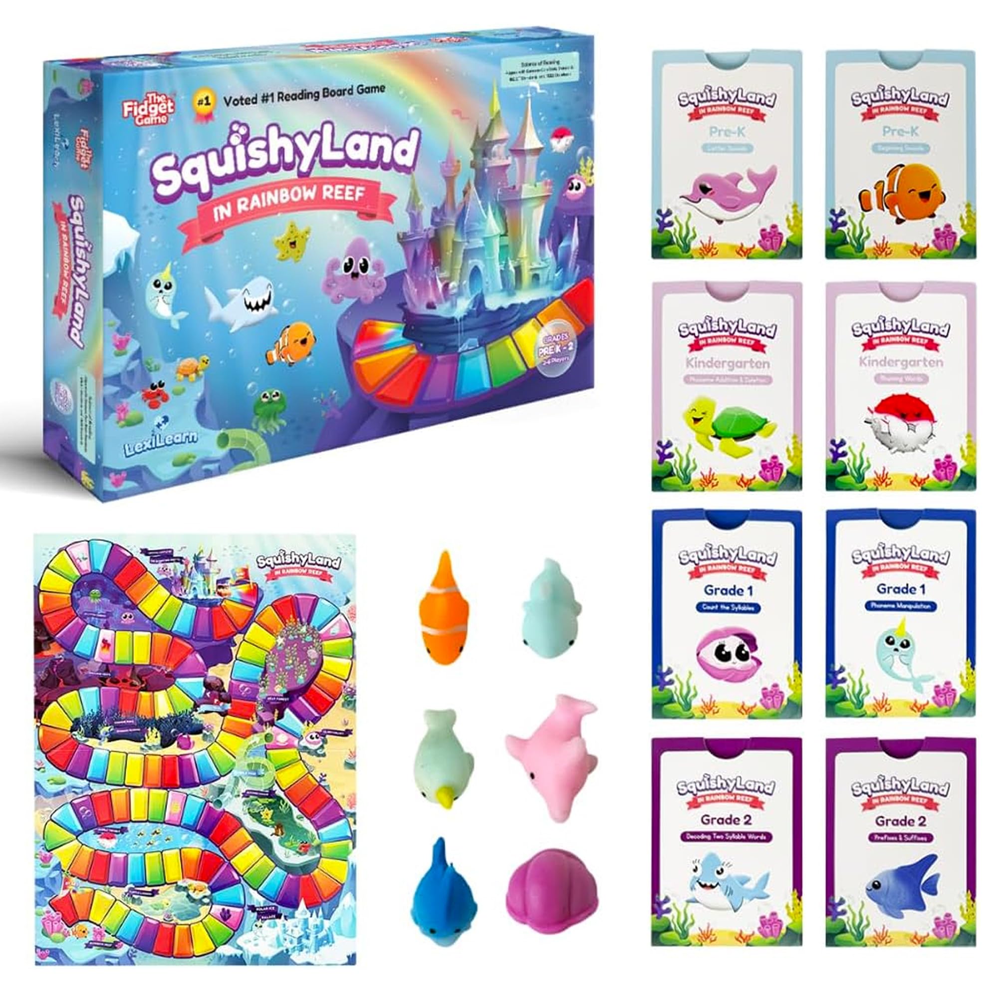 SquishyLand in Rainbow Reef Board Game, Pre-K to 2nd Grade | Educational & Phonics Kindergarten Learning Activities, Mochi Squishy Toys Set, 2-6 Players