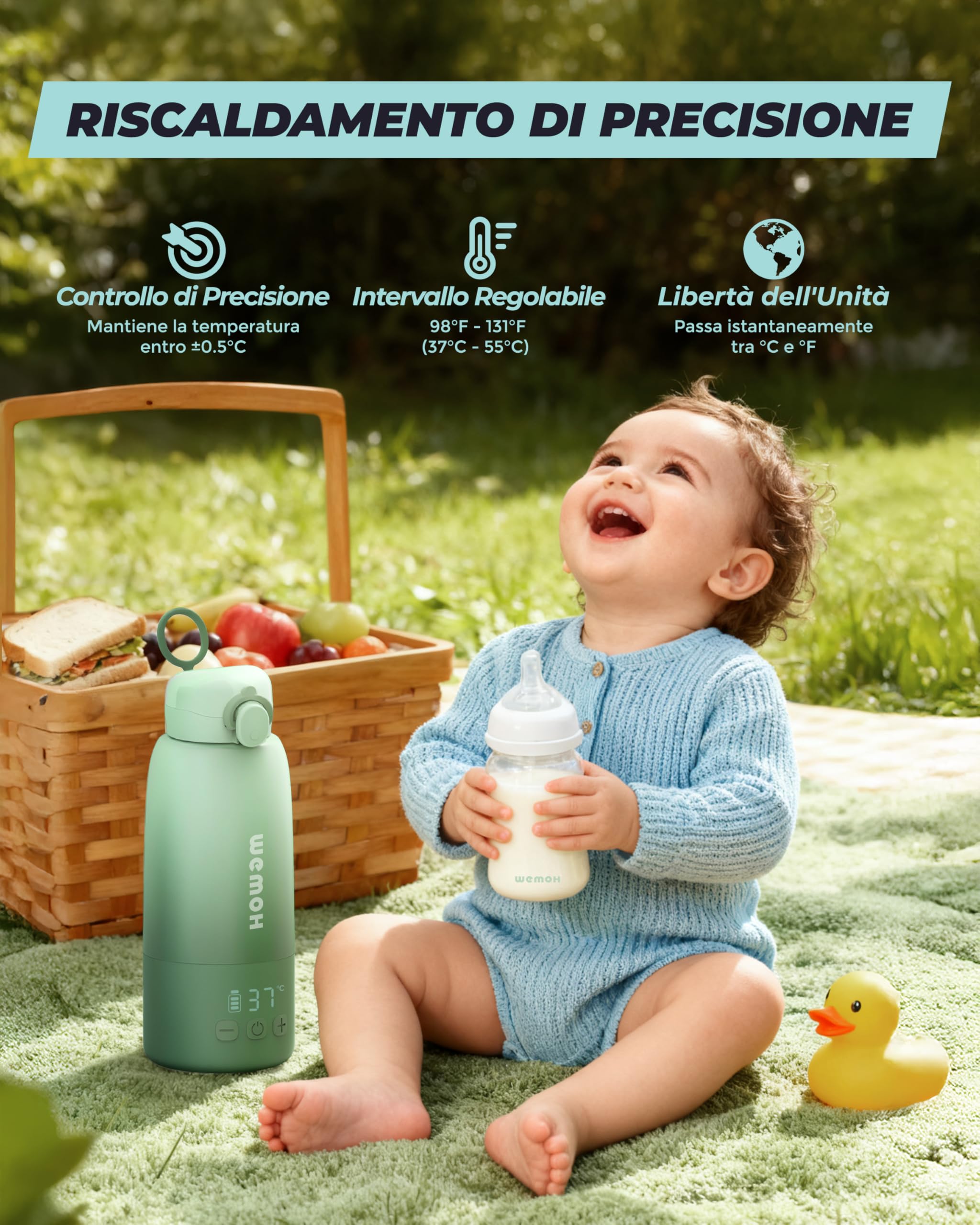 Scalda Latte Portatile: Autopulente, controllo temperatura, 8 poppate/carica, 450ml, 100W per latte materno, formula e acqua