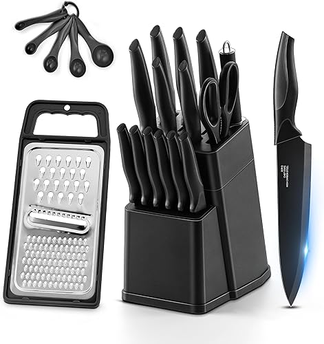 HaWare Juego de cuchillos de cocina de acero inoxidable de 21 piezas, juego de cuchillos de chef negros con 6 Kinves para carne, cuchara medidora y