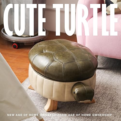 Miniatura 5 de Reposapiés otomano tapizado de animales, puf de cuero otomano tapizado con tortuga, taburete de madera para sala de estar, dormitorio, sofá, banco y