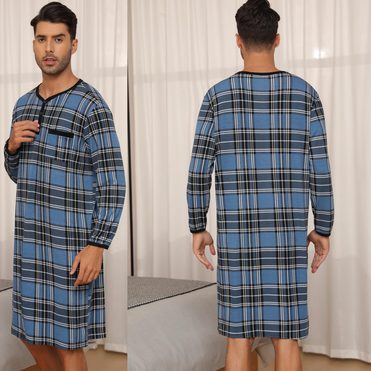 Chemise de Nuit Homme Pyjama Manches Longues Manches Courtes Hauts de Pyjama Homme Tee-Shirt Long Col Rond avec Boutons Vêtements d'Intérieur T-Shirt Grande Taille Douce Confortable