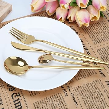 24-Piece Cutlery Set, Stainless Steel Flatware Set,Tableware Silverware Set for 6 with Spoon Knife and Fork Set Service,Dishwasher Safe/Easy Clean/Mirror Polished(Gold/700g/petite and Compact)