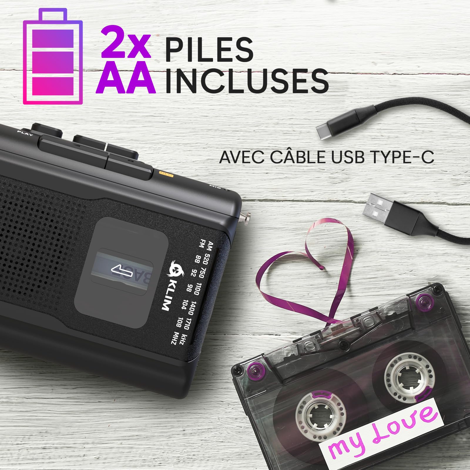 KLIM K8 Lecteur Cassette Audio avec Un Casque Fusion - Enregistreur Cassette - Nouveau Player - Radio AM/FM - Microphone et Haut-Parleur Intégrés - Prise Casque et Écouteurs - Noir