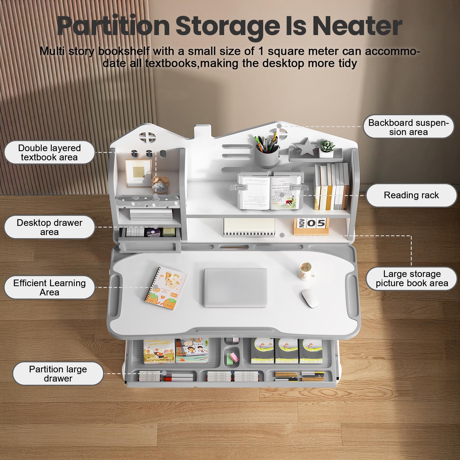 Kids Desk and Chair Set, Height Adjustable Study Desk for Kids Ages 3–12, Easy-Turn Crank Ergonomic Desk with 50° Tiltable Desktop, Storage Drawer & Bookshelf (015-Grey)