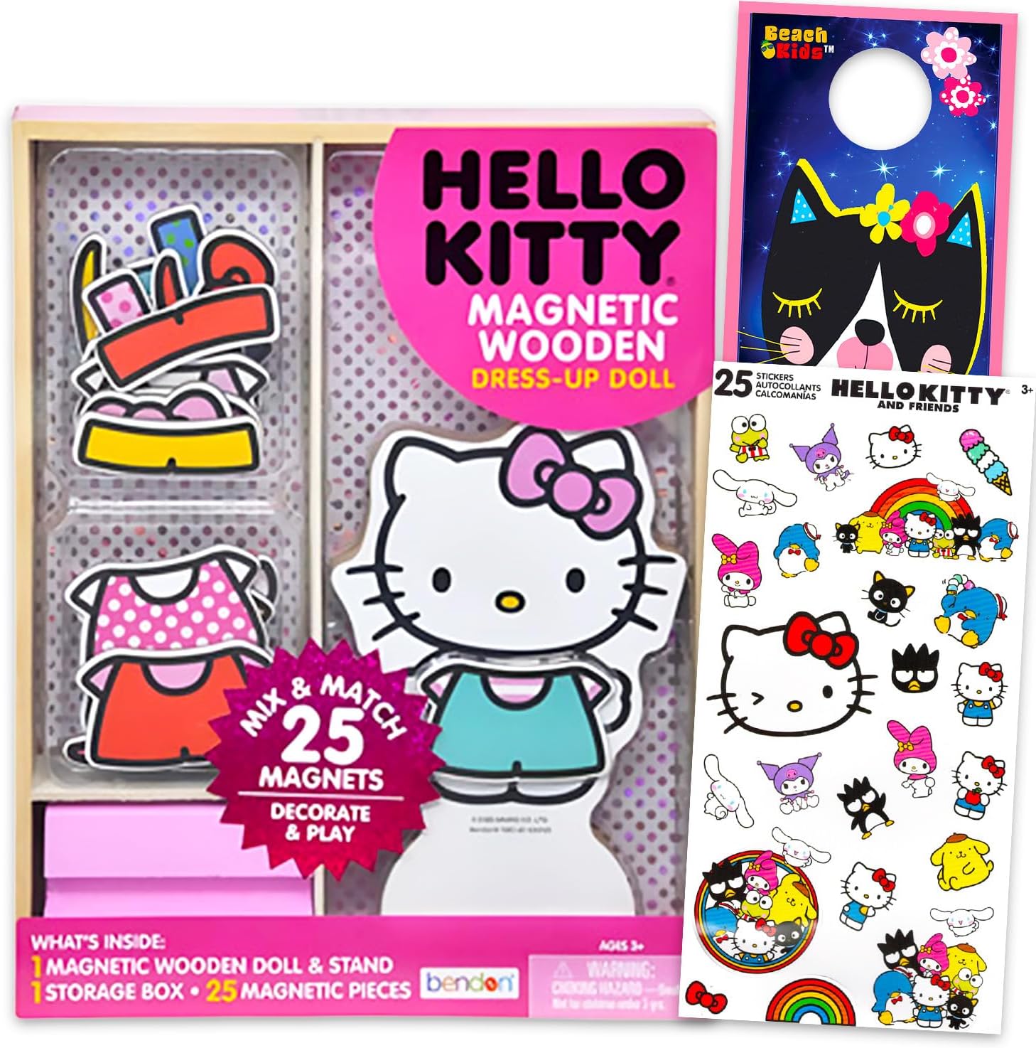Hello Kitty Magnetic Wooden Doll Set - Activity Bundle Sanrio Dress Up Doll with 25 Clothing Accessories, Stickers, Door Hanger | Hello Kitty Toys for Girls