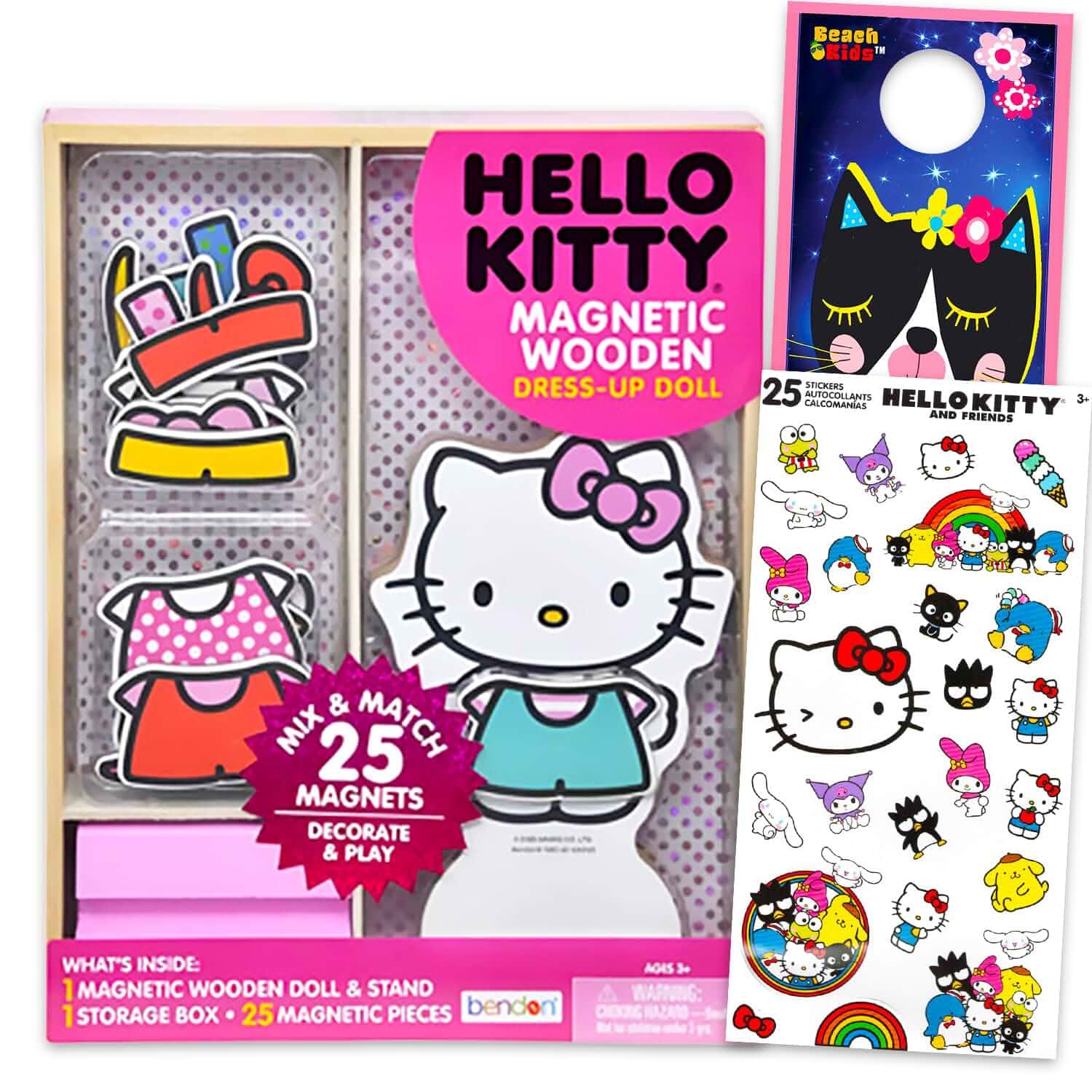 Hello KittyMagnetic Wooden Doll Set - Activity Bundle Sanrio Dress Up Doll with 25 Clothing Accessories, Stickers, Door Hanger | Hello Kitty Toys for Girls