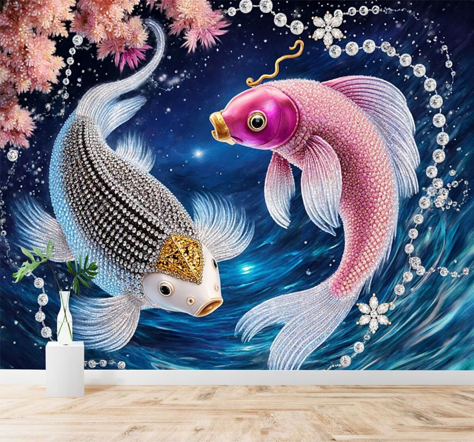 Xlming 400Cm×280Cm(B×H) Luxury Koi Fish Glistening In Blue Water Gem Set Flowers 3D Wallpaper Silky Texture Home Study Office Grey Dining Room Sofa Bedroom Living Room Tv Backdrop-400Cm×280Cm