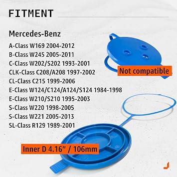 Click&Fit Windscreen Washer Fluid Reservoir Cap compatible with Mercedes-Benz E- C- A- B- S- CLK- Class W124 W169 W202 W210 W220 W221 W245 - Car Water Tank Bottle Cap 1248690272, dia 4.16in 105mm Blue