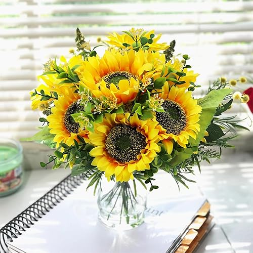 Miniatura 7 de Julove Floray 12 flores artificiales de girasoles artificiales, ramo de girasoles falsos, decoración de girasoles para el hogar, al aire libre,
