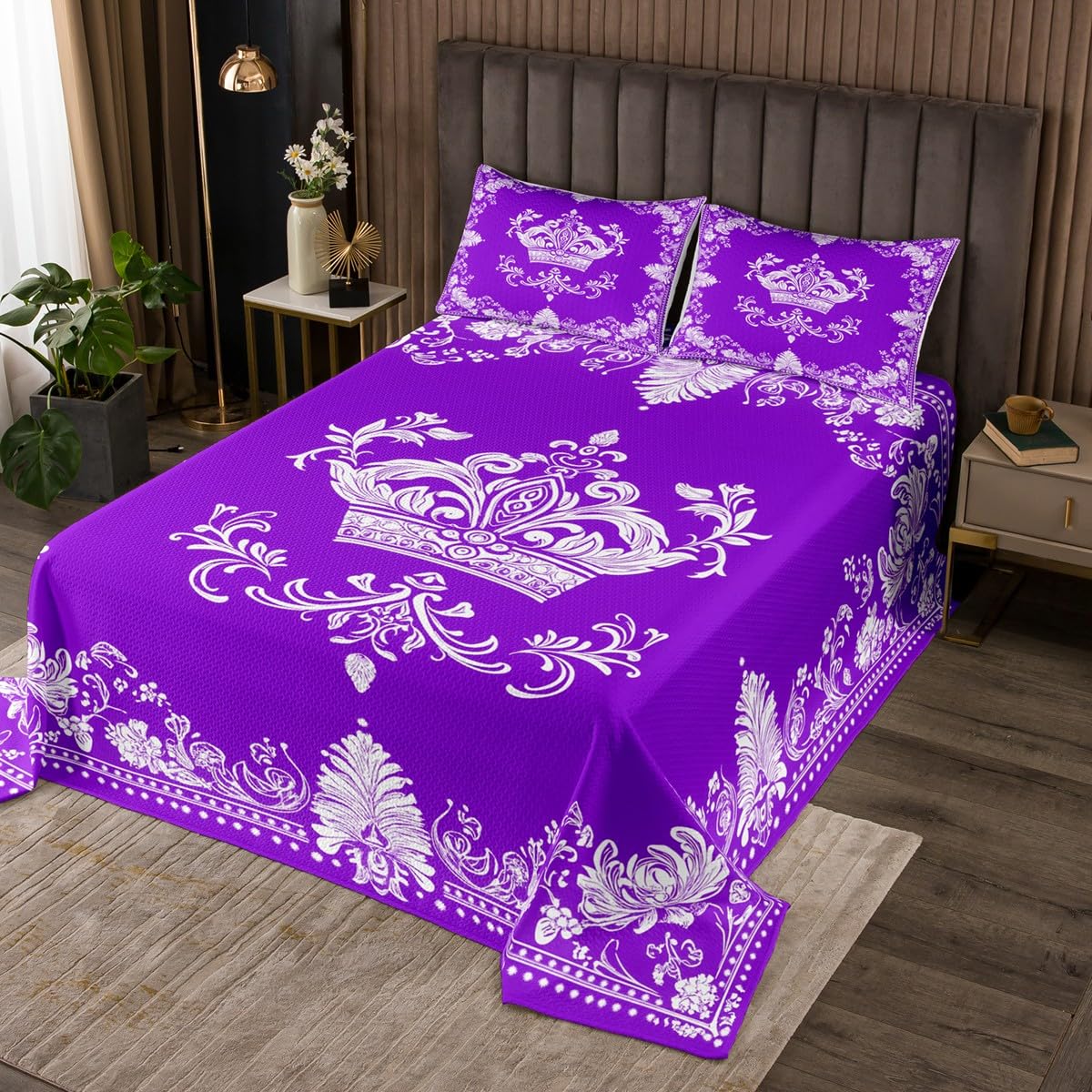 Castle Fairy White Damask Coverlet Set Queen Size,Crown and Lace Floral Print Durable Bedspread for Girls Teens,Vintage Gothic Boho Plaid Purple Soft Polyester Quilt Set, with 2 Pillowcases