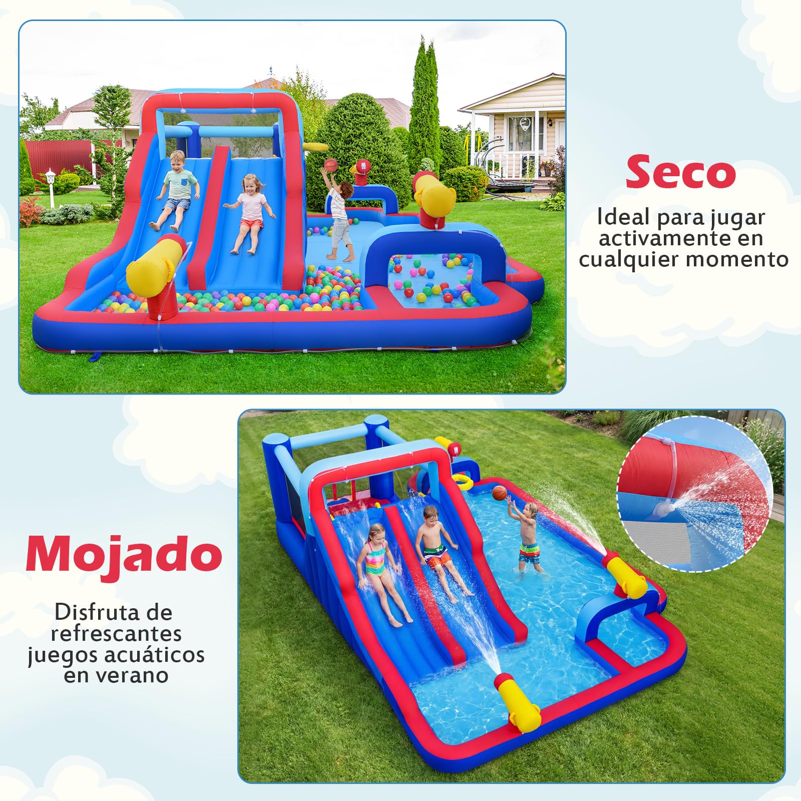 COSTWAY Castillo Hinchable Acuatico, 9 en 1 Castillo Hinchable para niños 3-5 Años con 3 Niños, 646 x 418 x 211 cm, Seco y Agua, Insuflavel Crianças Interior Exterior (con soplador de 950W)