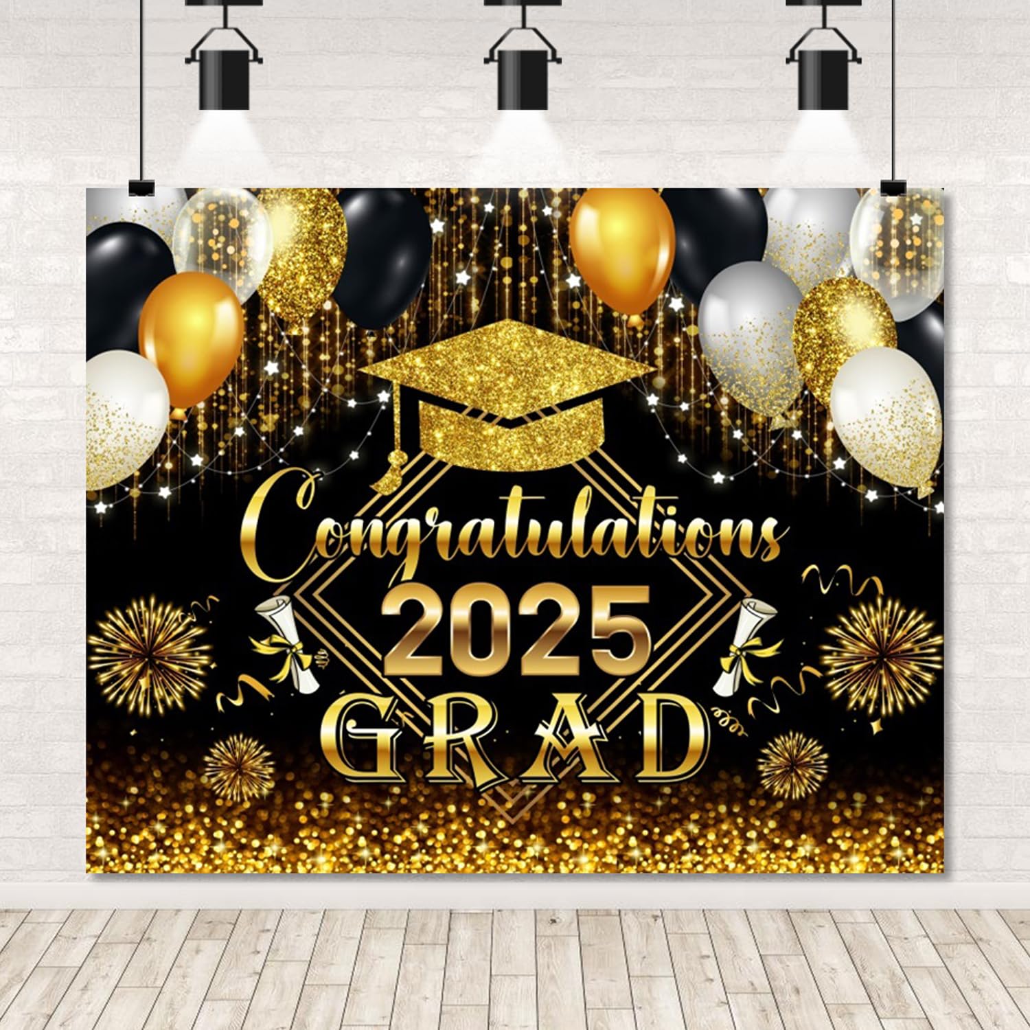 Graduation Backdrop Class of 2026 10x8ft Congratulations Congrats Grad Backdrop Black and Gold Bachelor Cap Celebration Prom Party Banner 2026