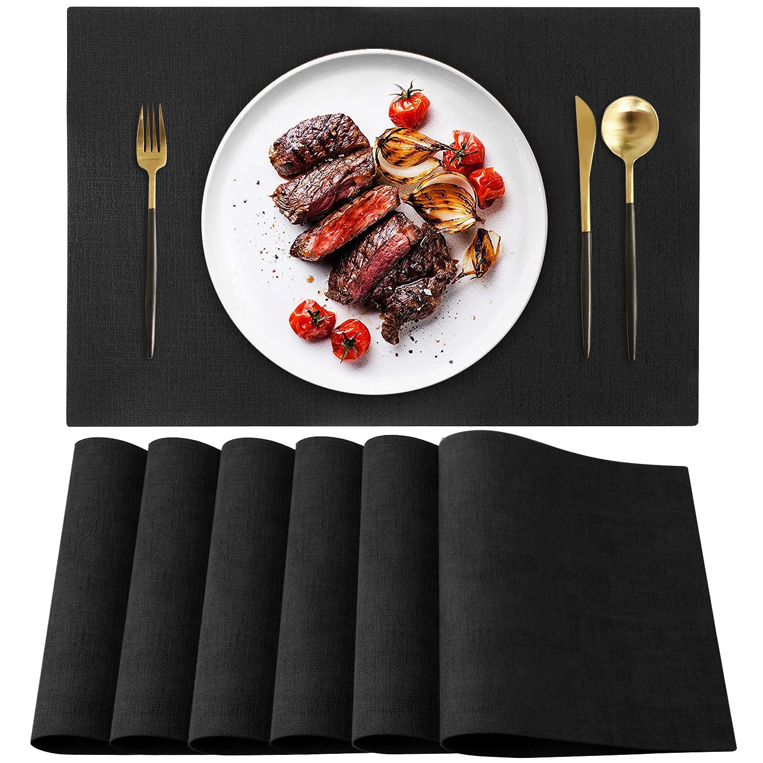Juego de 6 manteles individuales de cuero resistentes al calor, impermeables, lavables, de poliuretano, fáciles de limpiar, antideslizantes (negro, 6)