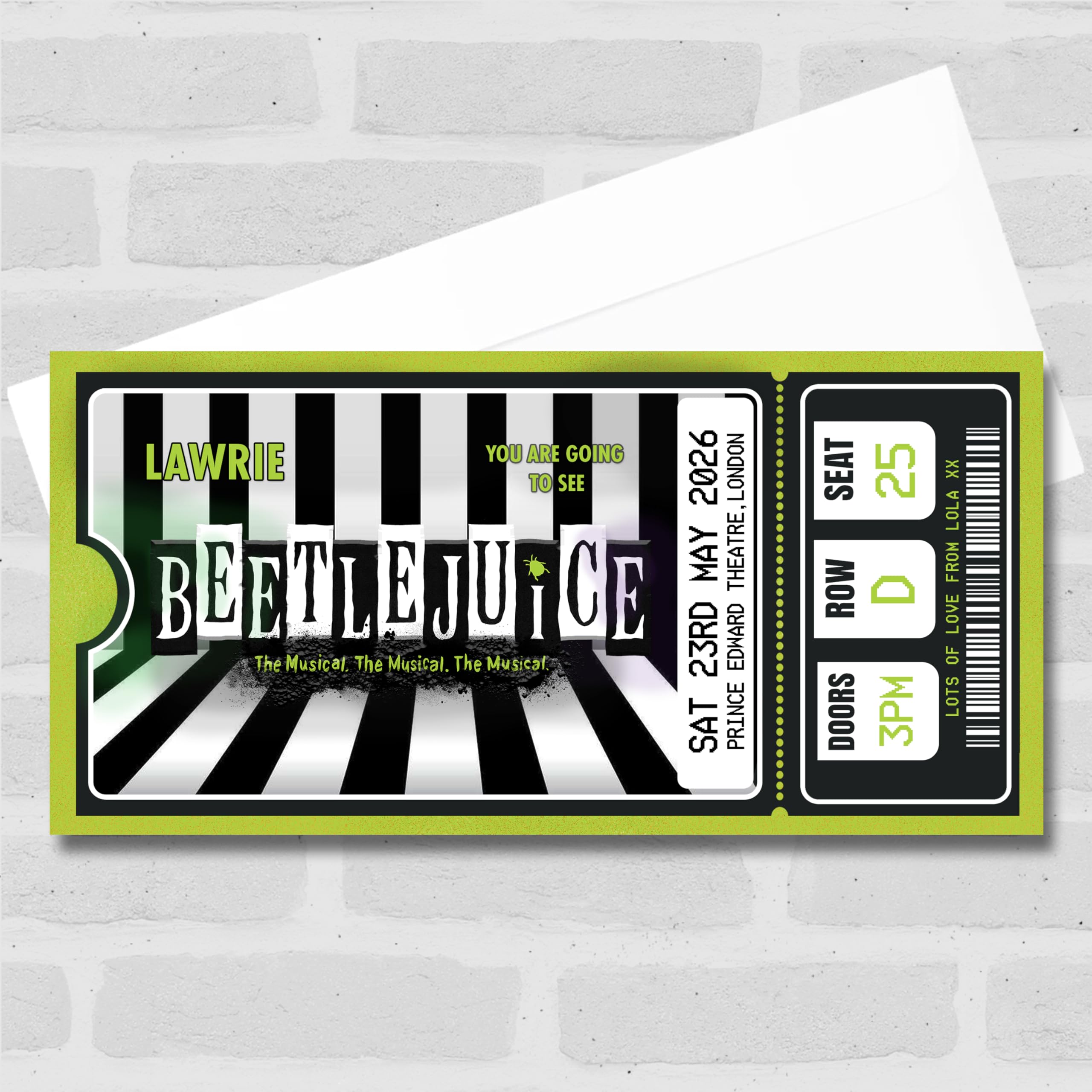 Greetings Card - Beetlejuice London Personalised Gift Voucher Surprise Theatre Show Ticket | Custom Greetings Card | Surprise Reveal Voucher Spoof Ticket