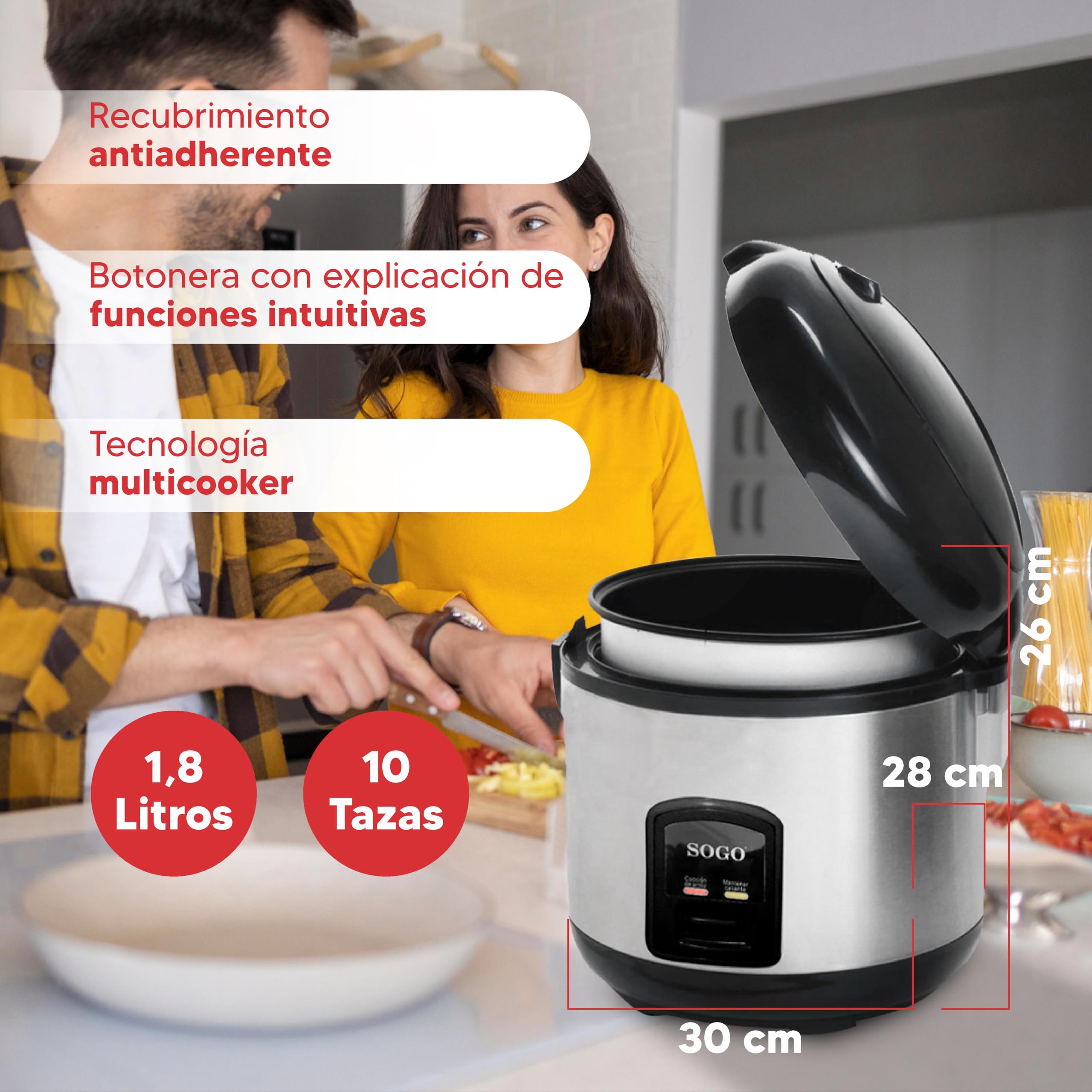 Sogo Arrocera Eléctrica Inteligente 1.8L con Bandeja de Cocción al Vapor Incluida - Olla Arrocera Digital Multicooker Antiadherente 10 Tazas 700W – Rice Cooker con Ciclo de Cocción Automática