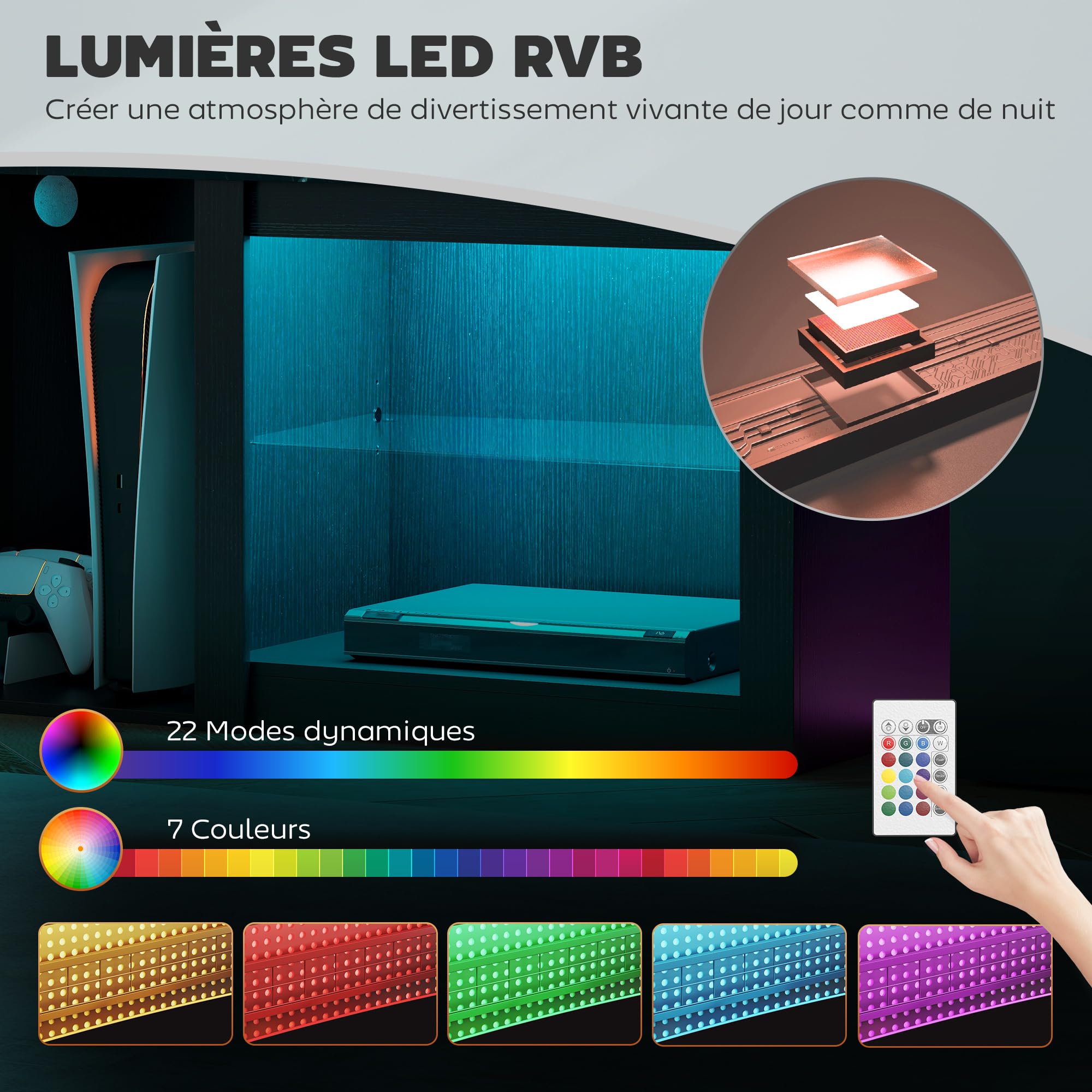 HOMCOM Meuble TV LED RGB Meuble télé Bois Banc TV jusqu'à 65 Pouces avec étagères en Verre réglables, 5 niches, Passe-câbles et télécommande pour Salon, Chambre à Coucher, dim. 160 x 35 x 50 cm, Noir