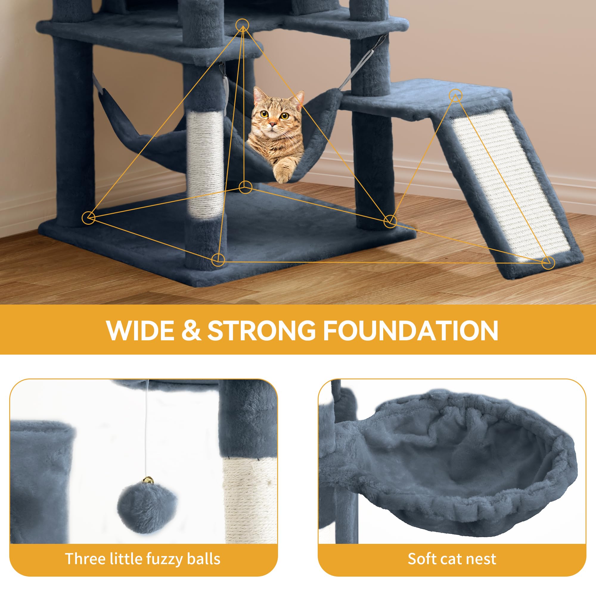 YITAHOME Tall Cat Tree for Indoor Cats, 75 inch Multi-Level Cat Tower with Cat Condos, Top Perches, Sisal Ramp Scratching Posts, Cozy Basket, Hammocks, Large Cat Pet Activity Structure,Pink: 75 inches Dark Grey