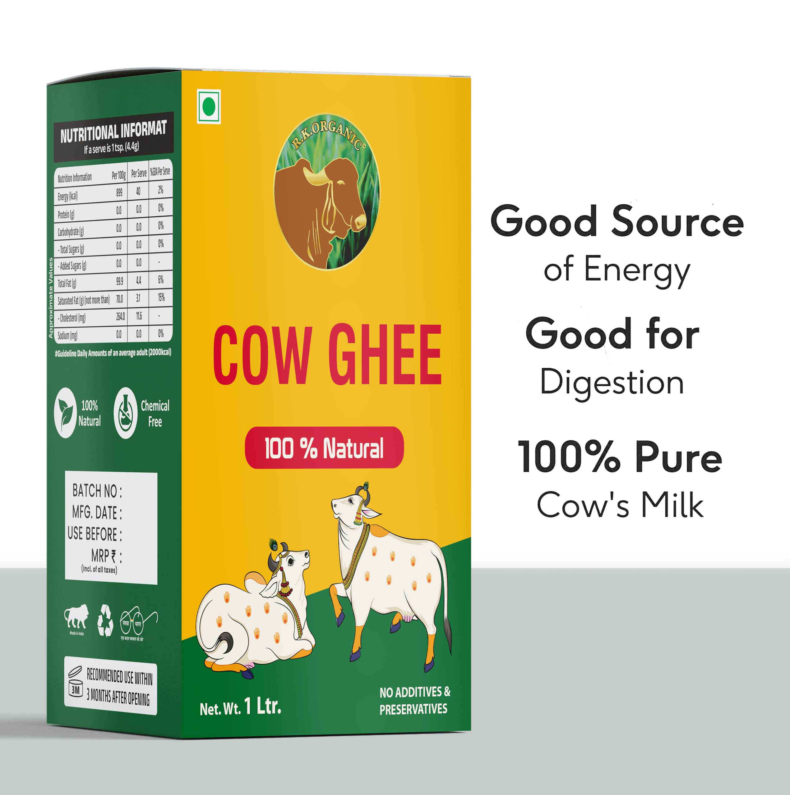 R. K. ORGANIC Desi Cow Ghee 1 Liter carton | Pack of 1 | Aroma in every drop |Pure Veg, Pure Cow Ghee, Desi Ghee, No preservatives | Rich Taste & Aroma | Good source of Vitamin A, Delicious, Healthy & Nutritious | Homemade taste (Tetra Desi Ghee Pack of 1) 3