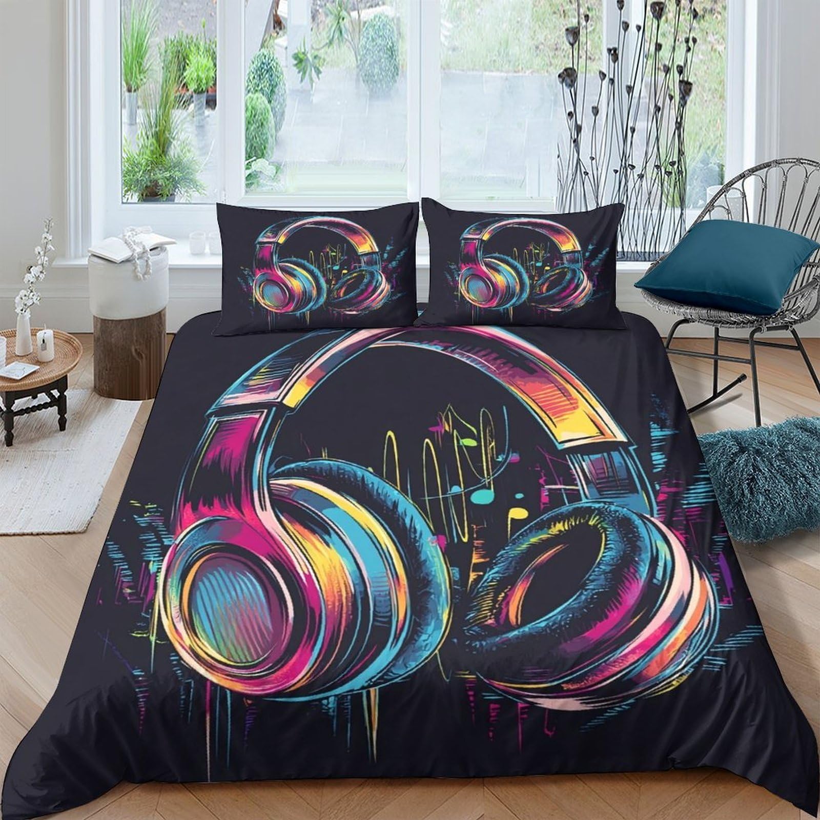 Ctjqhvkz Style-6 3D Printed Colorful Headphones Fitted Sheet Microfiber Soft Breathable Graffiti Bed Sheet For Bedroom Dorm Decor Single（135X200cm）