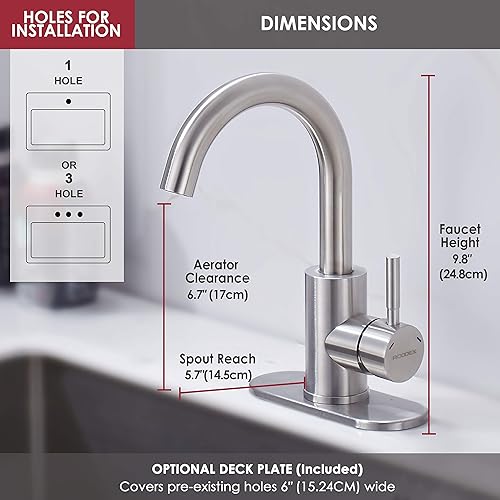Miniatura 3 de RODDEX Wet Bar Sink Faucet Single Hole Stainless Steel 1 Handle Small Modern Kitchen Tap Prep Sink Bath Bathroom Mixer, 3 Hole Cover Deck Plate,