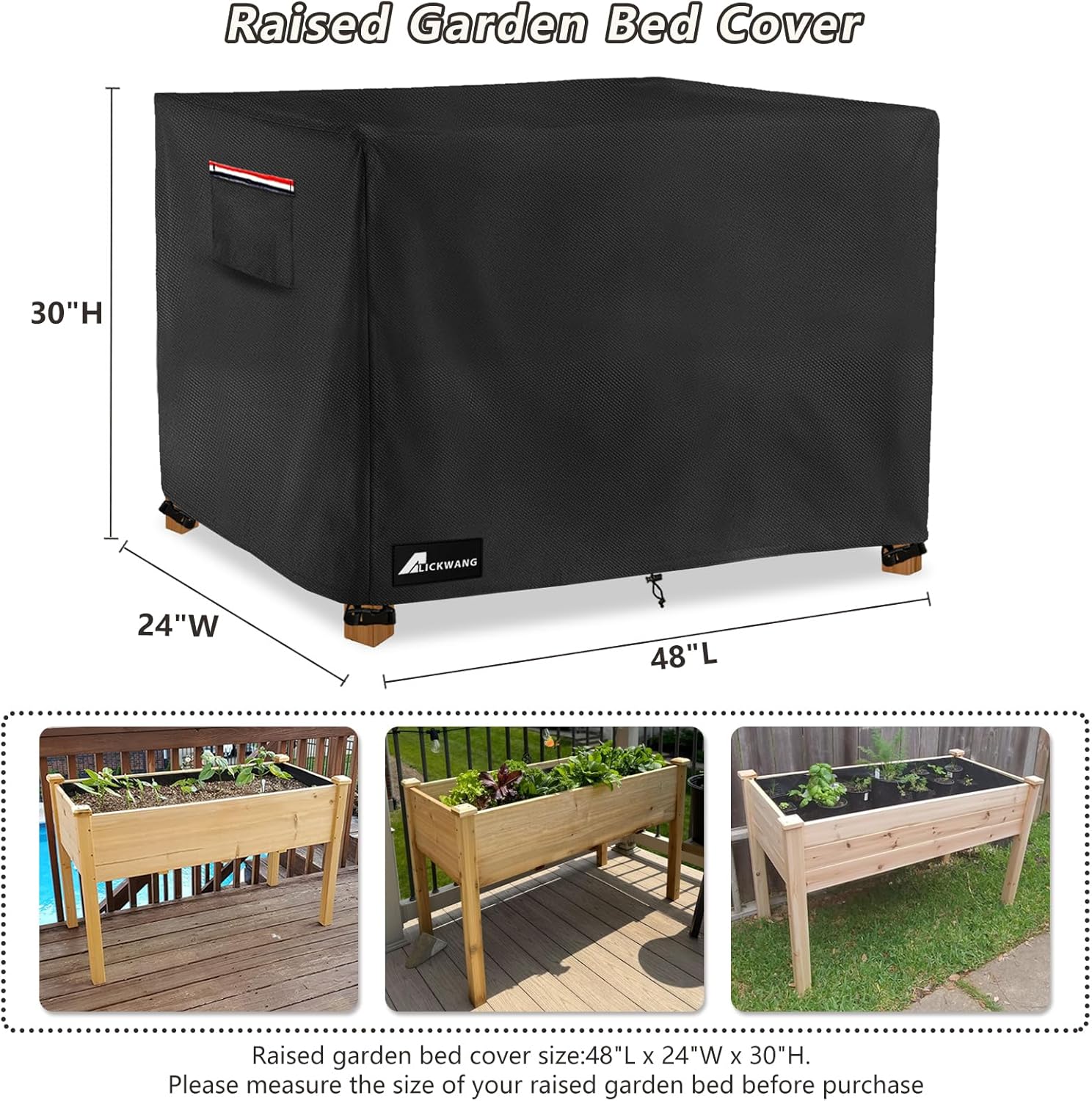 Outdoor Raised Garden Bed Cover,Heavy Duty 600D Waterproof Elevated Wood Planter Box Stand Cover for Winter,48"L x 24"Wx 30"H Inch(Black,Covers Only)