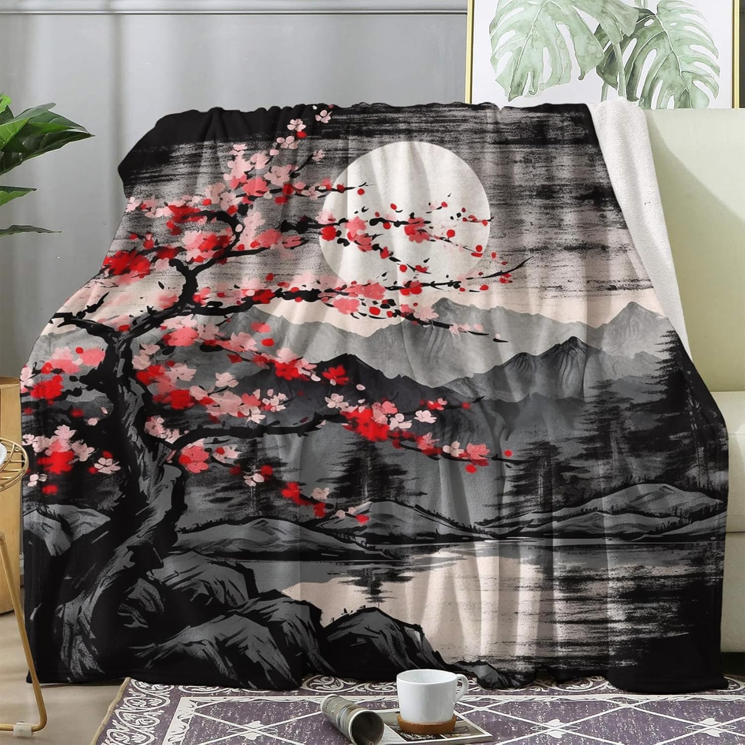 Japanese Throw Blanket, Fleece Blanket for Couch Bed Sofa, Japan Mountain Cherry Blossom Blankets and Throws, Super Soft Cozy Fuzzy Plush Flannel Blanket, 50x60, Decor & Gift