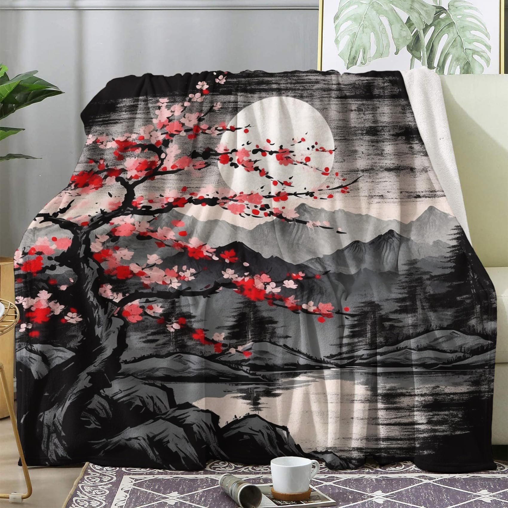 zcwl Japanese Blanket Queen Size, Fleece Throw Blanket for Couch Bed Sofa, Japan Mountain Cherry Blossom Blankets and Throws, Super Soft Cozy Fuzzy