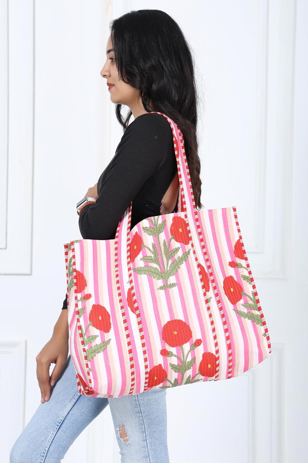 KLAVATE Women Handblock Lightweight Reversible Travel Bag Purse Cotton Shoulder Tote Bag For Shopping Valentine Gift For Her - Image 2