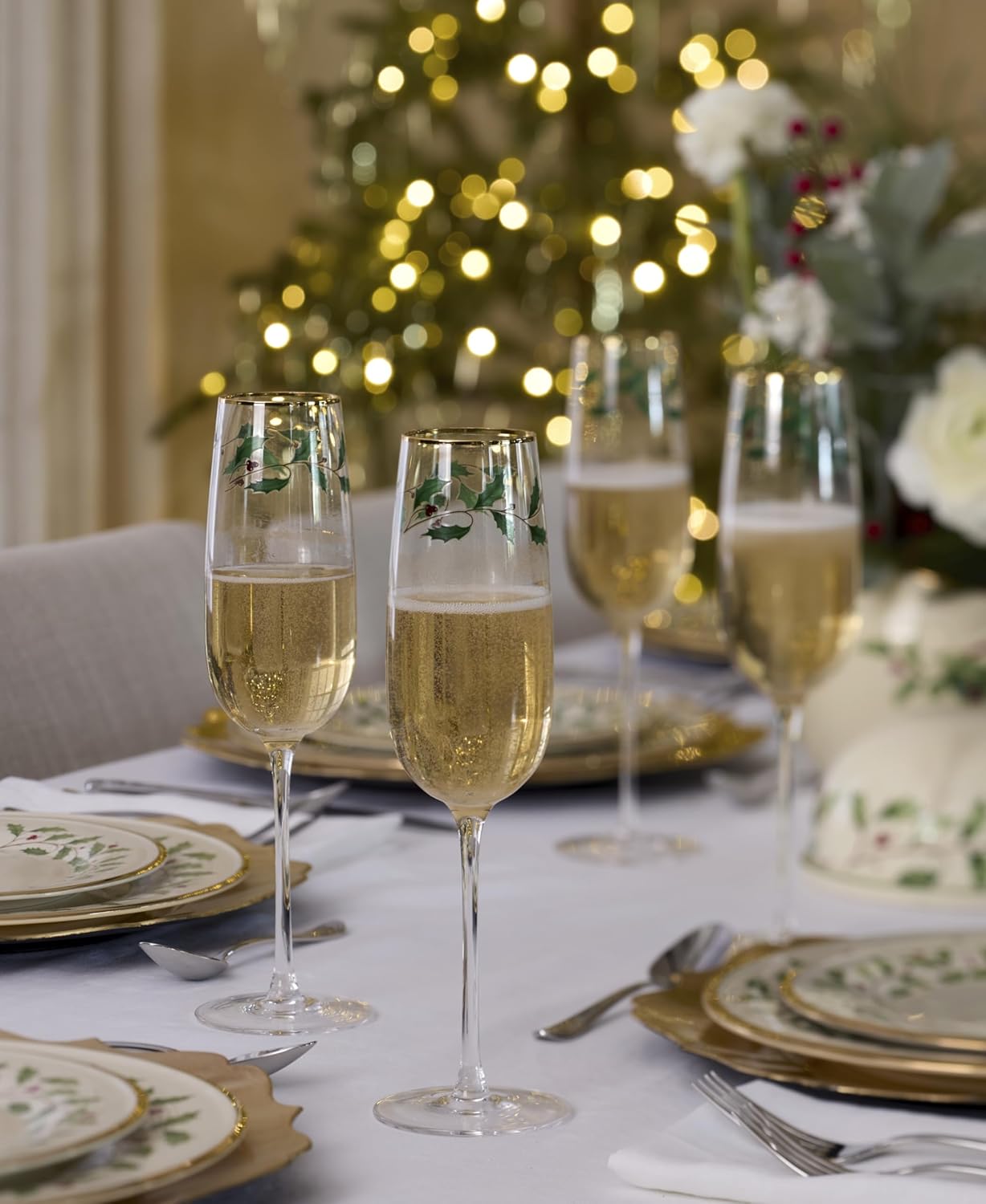 Lenox Glassware, Holiday Decal Flutes, Set of 4, 11-Ounce Capacity, Made From Glass, Dishwasher Safe Flutes, Drinking Glasses Set, Home And Kitchen, Champagne Flute, Champagne Glasses (Clear, 4 Piece)