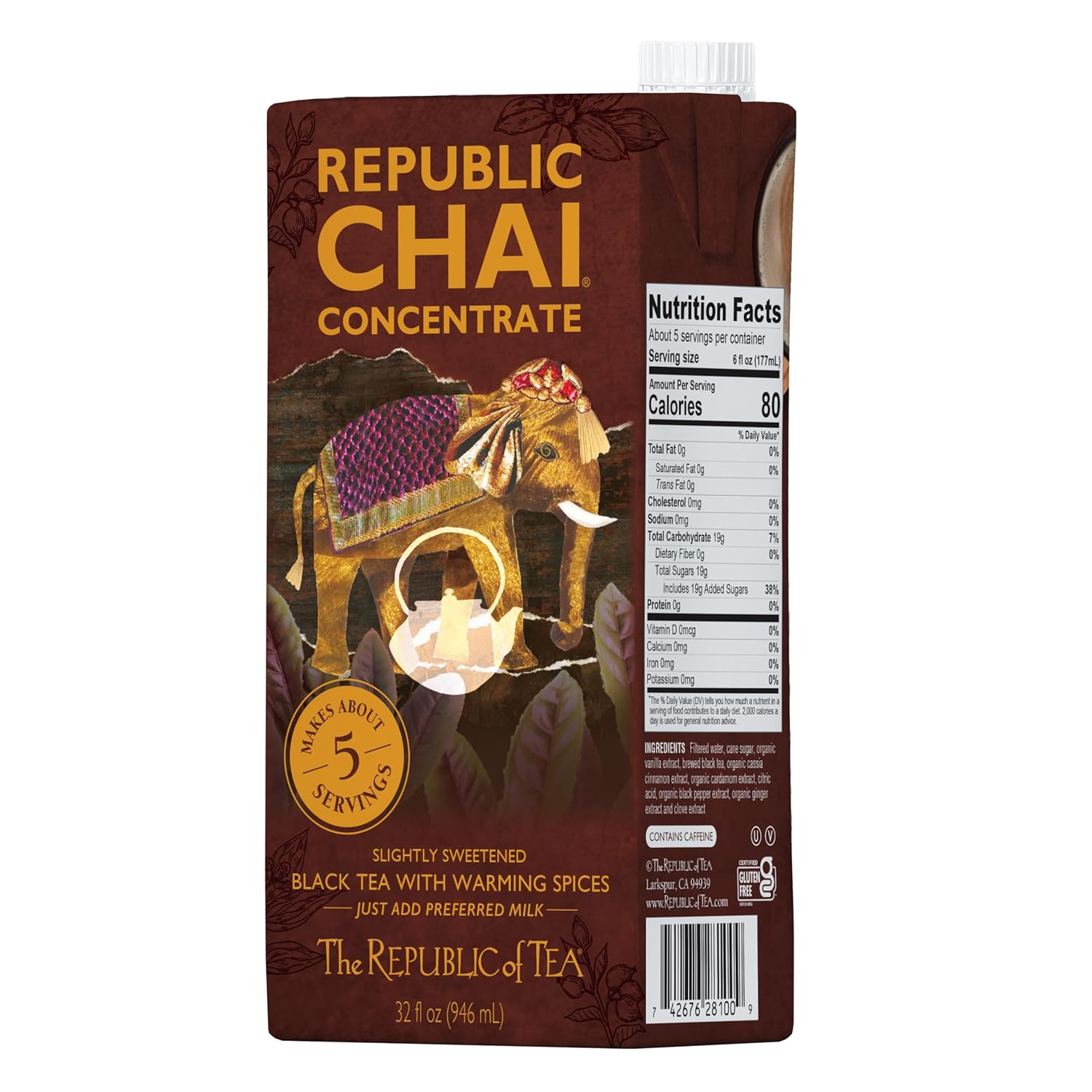 The Republic of Tea – Republic Chai Black Tea Concentrate, 6 Cartons – 32 fl oz (5 Servings), Chai Latte Mix, Naturally Caffeinated, Gluten Free