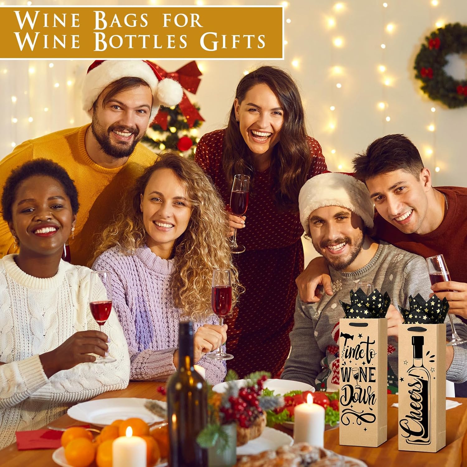 Ovveroche 20 PCS Wine Gift Bags with Handles and Tissue Paper - Kraft Wine Bottle Bags for Holiday, Birthday, Wedding, Graduations, Party