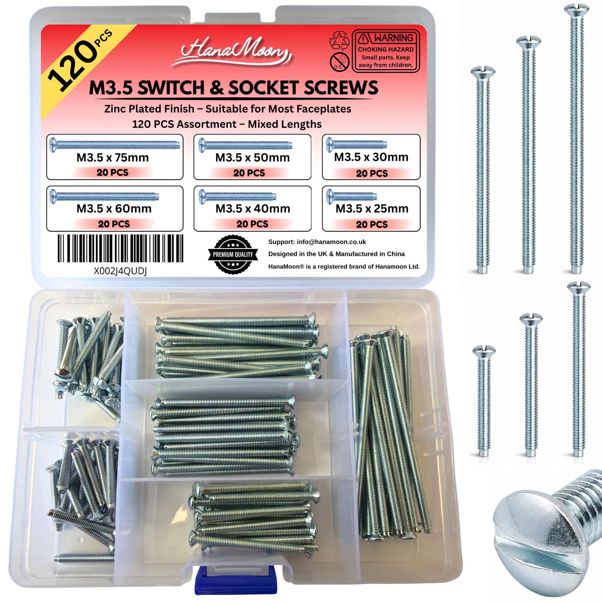 120pcs of M3.5 Zinc Plated Electrical Light Switch & Socket Plug Screws Set - Mixed Lengths (25, 30, 40, 50, 60, 75mm) - Storage Case Included