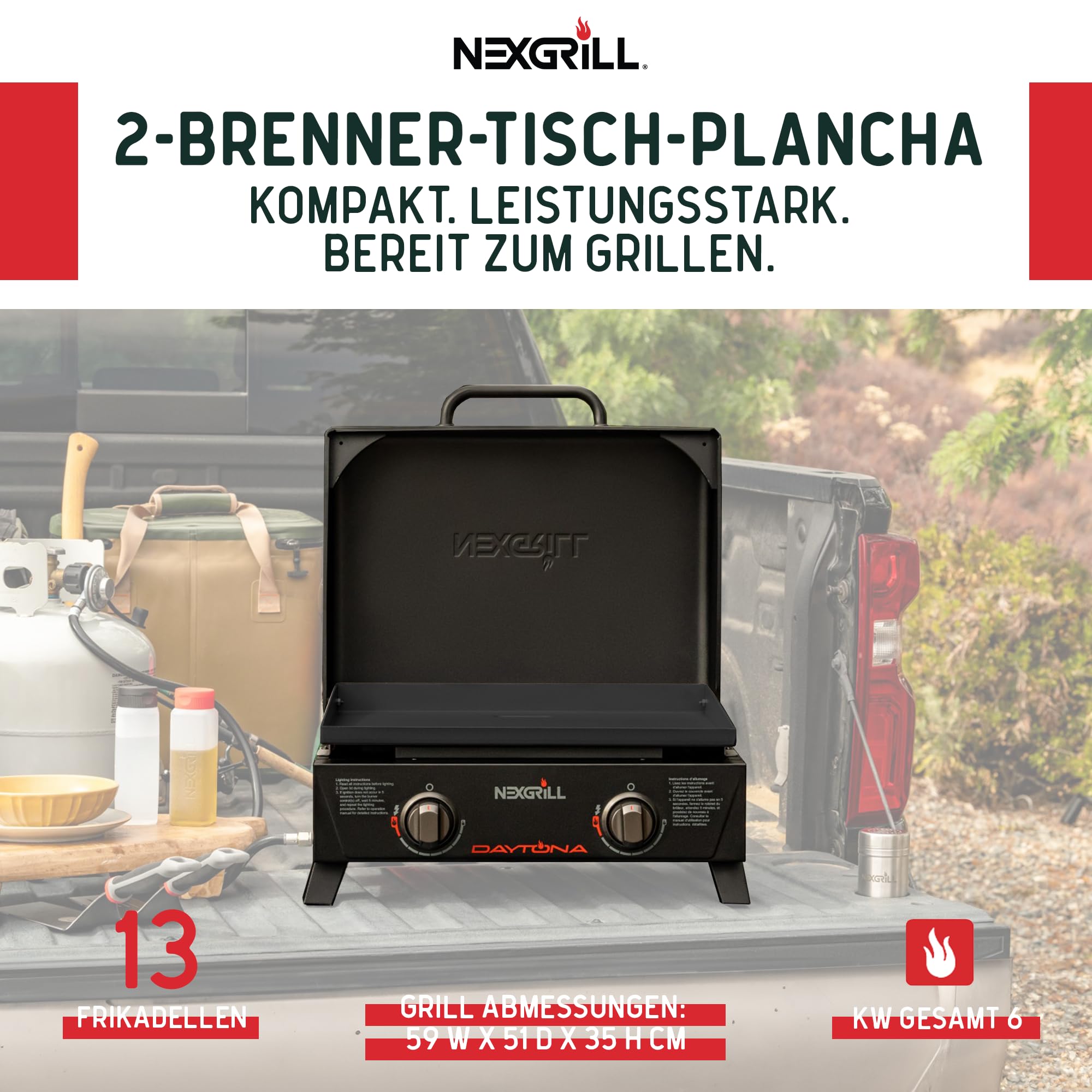 Nexgrill 2-Brenner Tabletop Plancha – Kompakter Tischgrill mit keramikbeschichteter Grillplatte – Gasgrill ideal für Camping, Garten & Outdoor BBQ, 5,86 kW