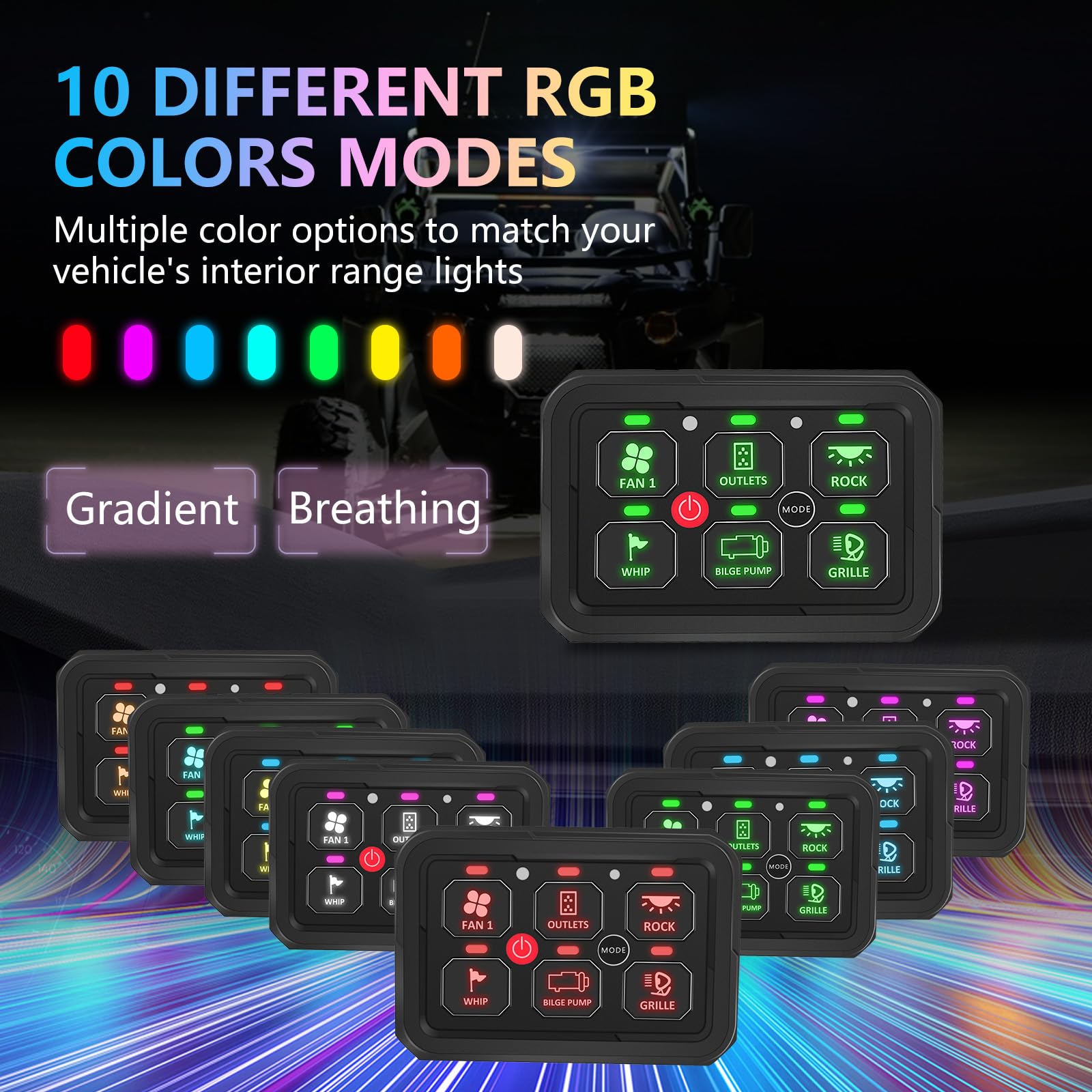 Chelhead Panel przełącznika RGB 6 Gang Auto Dimming 12V/24V IP65 | Panel sterowania Automatyczne ściemnianie podświetlenia, 4 tryby przełączania (przełącznik, puls, lampa błyskowa, stroboskop)