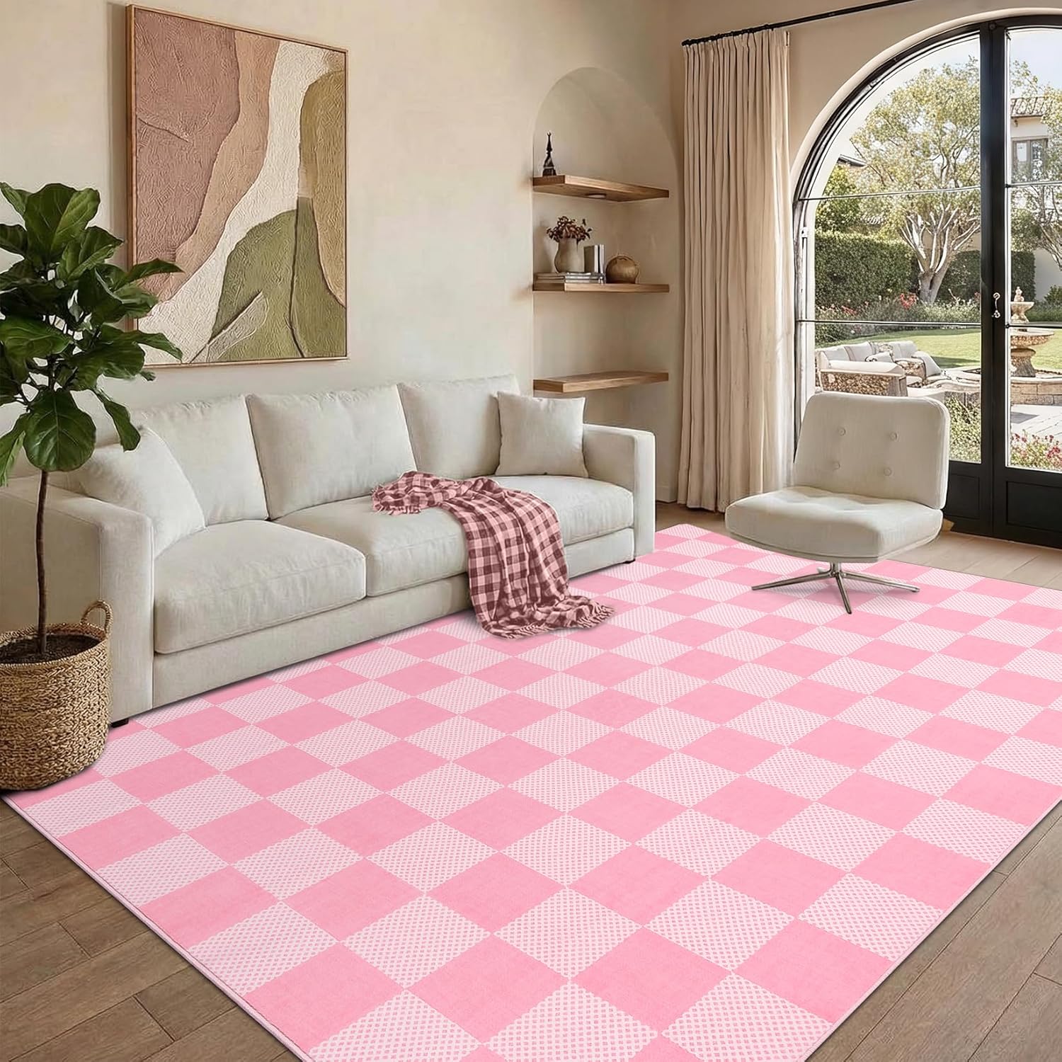 Checkered Blush Pink and White 5x7 Washable Rug Geometric Diamond Dot Modern Soft Low-Pile Girls Rug for Bedroom Nursery Living Room Entryway Non-Slip TPE Backing - Image 3