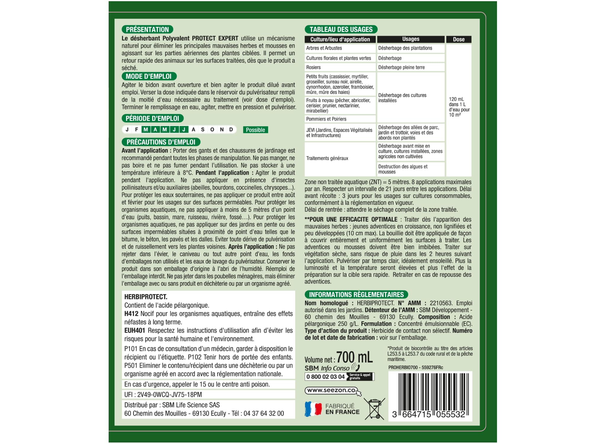 PROTECT EXPERT Désherbant Polyvalent Concentré 700ml PROHERBIO700 Jusqu’à 58m²