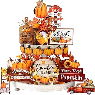 Fall Tiered Tray Decor Set Pumpkin Football Wooden Signs Fall Table Decorations Centerpieces Farmhouse Thanksgiving Decor for Home Autumn Harvest Table Shelf Decor(Pumpkin)