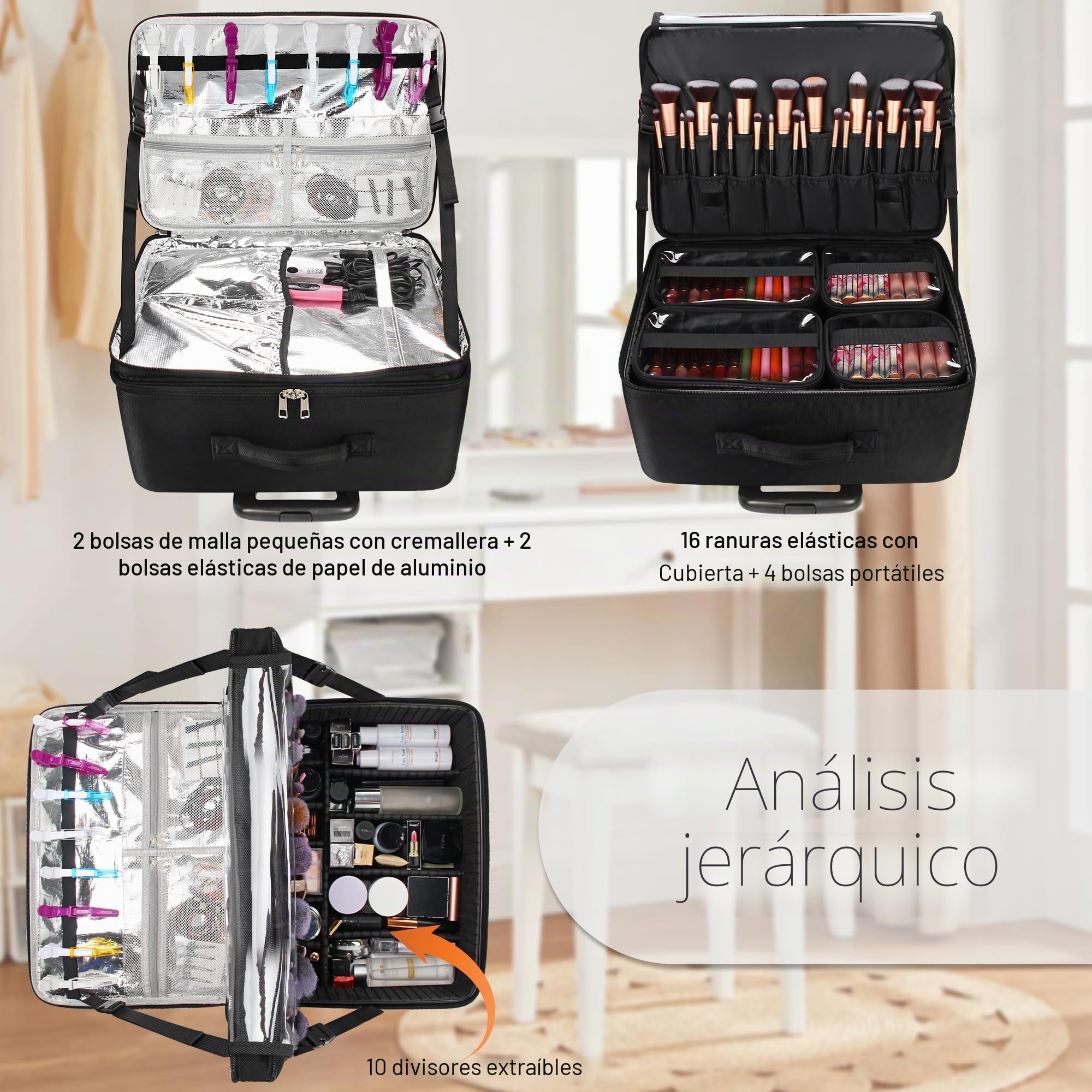Relavel - Maletín de cosméticos extra grande de 17,7" con carro - Maletín profesional de viaje para maquillaje, belleza, bolsa de almacenamiento portátil, organizador de cosméticos, mujer, caja para