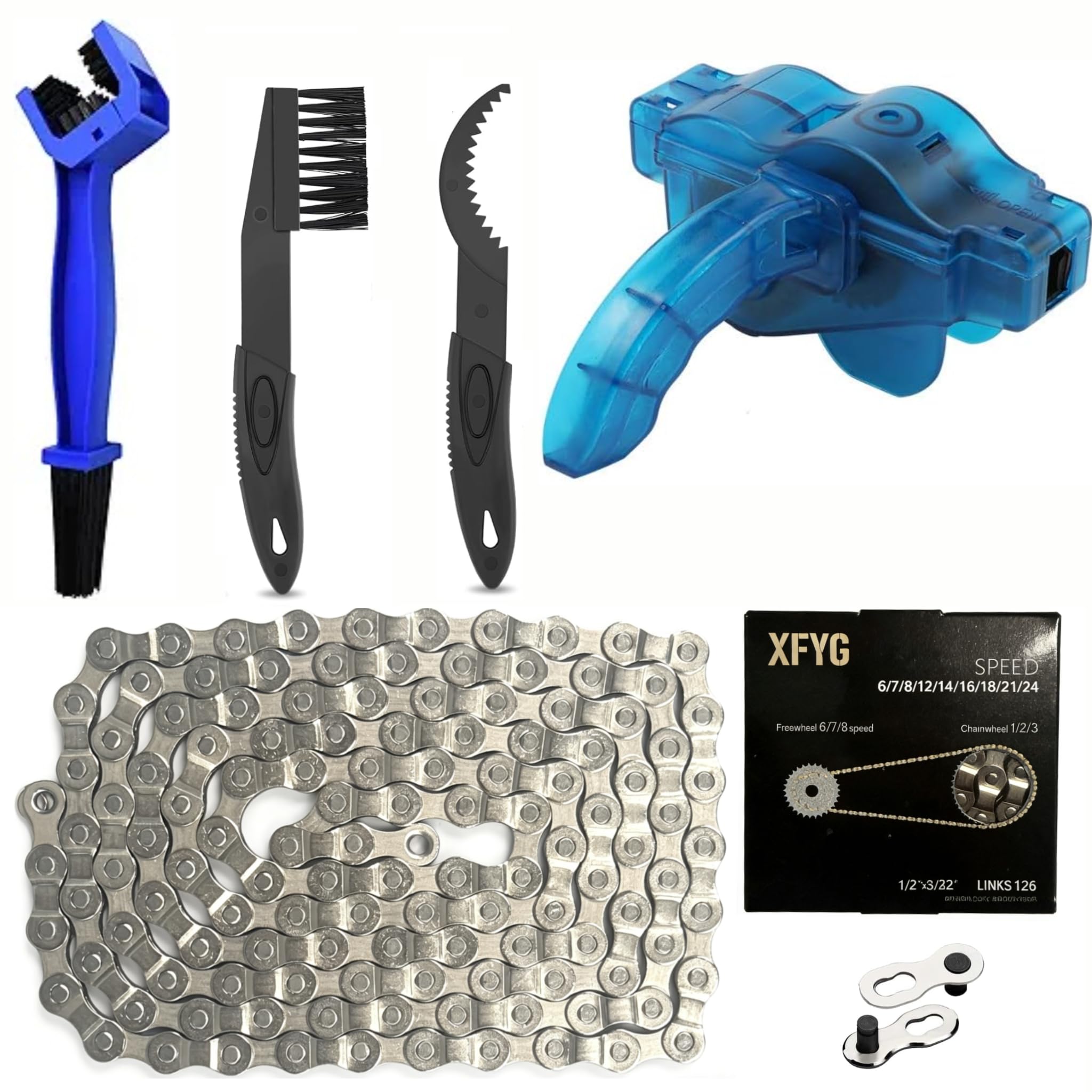 Bike Chain Repair & Cleaning Kit, Chain Cleaner Tool + Brush + 126‑Links Bicycle Chain + Quick Link, for 6/7/8‑Speed Mountain Road City Bikes