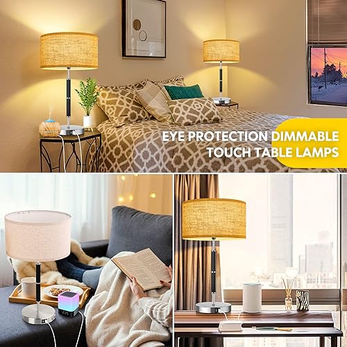 Miniatura 6 de Juego de 2 lámparas de mesa altas lámparas dobles USB táctiles regulables lámpara de noche de 3 vías de 23 pulgadas con tonos de lino beige lámparas