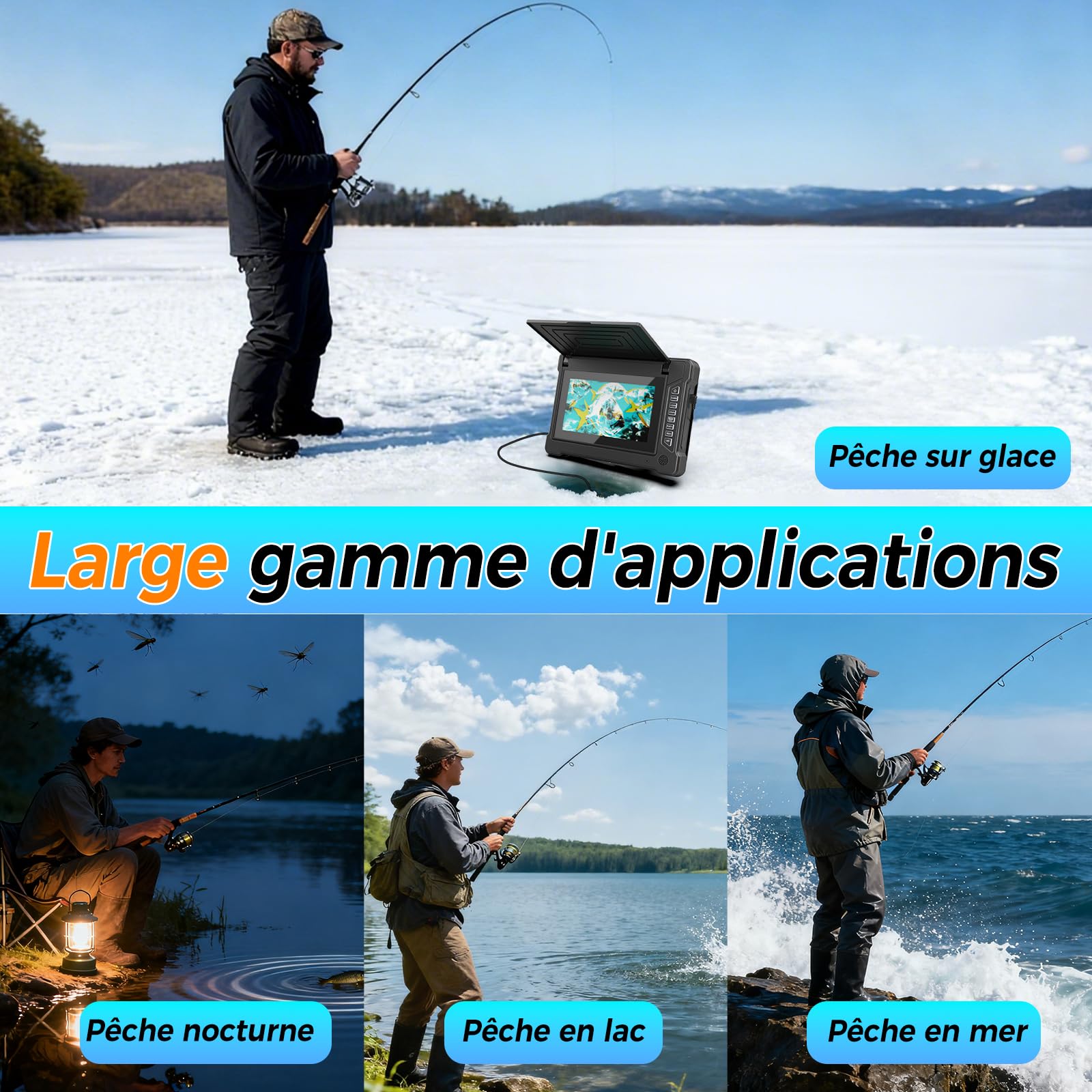 Sonde de pêche Caméra sous-Marine de pêche avec écran HD 7", Vision Nocturne Infrarouge Grand Angle, IP68 étanche, pour pêche en mer, lac, rivière et Glace
