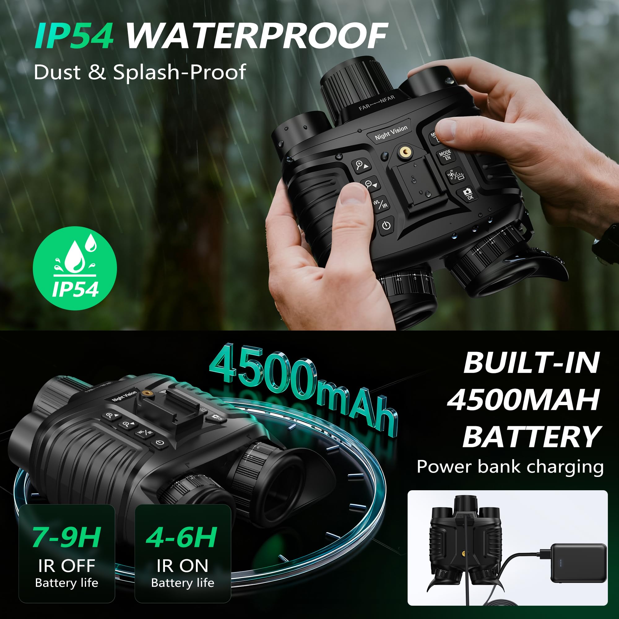 Nachtsichtgerät 4K 36MP 8X Digitaler Zoom Infrarot Fernglas 3" HD-Display 4500mAh IP54 Wasserdicht mit 32GB TF Karte