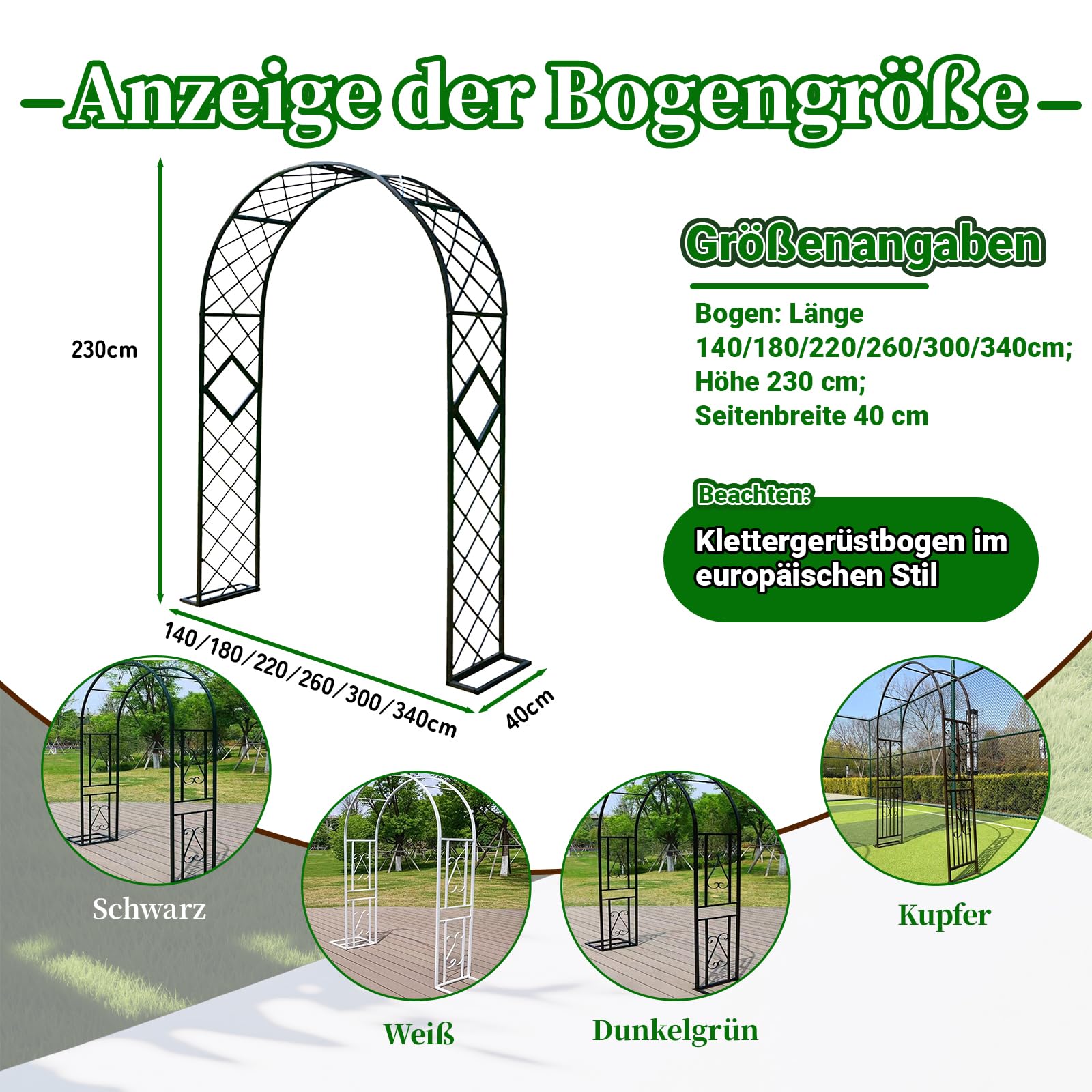 Gartenbogen aus Metall,Rosenbogen,Garten Dekoration mit Sockel, Tragbarer Blumengirlanden Rahmen für Party, Hochzeitsdekoration Outdoor(L180xW40xH230cm) Schwarz-A