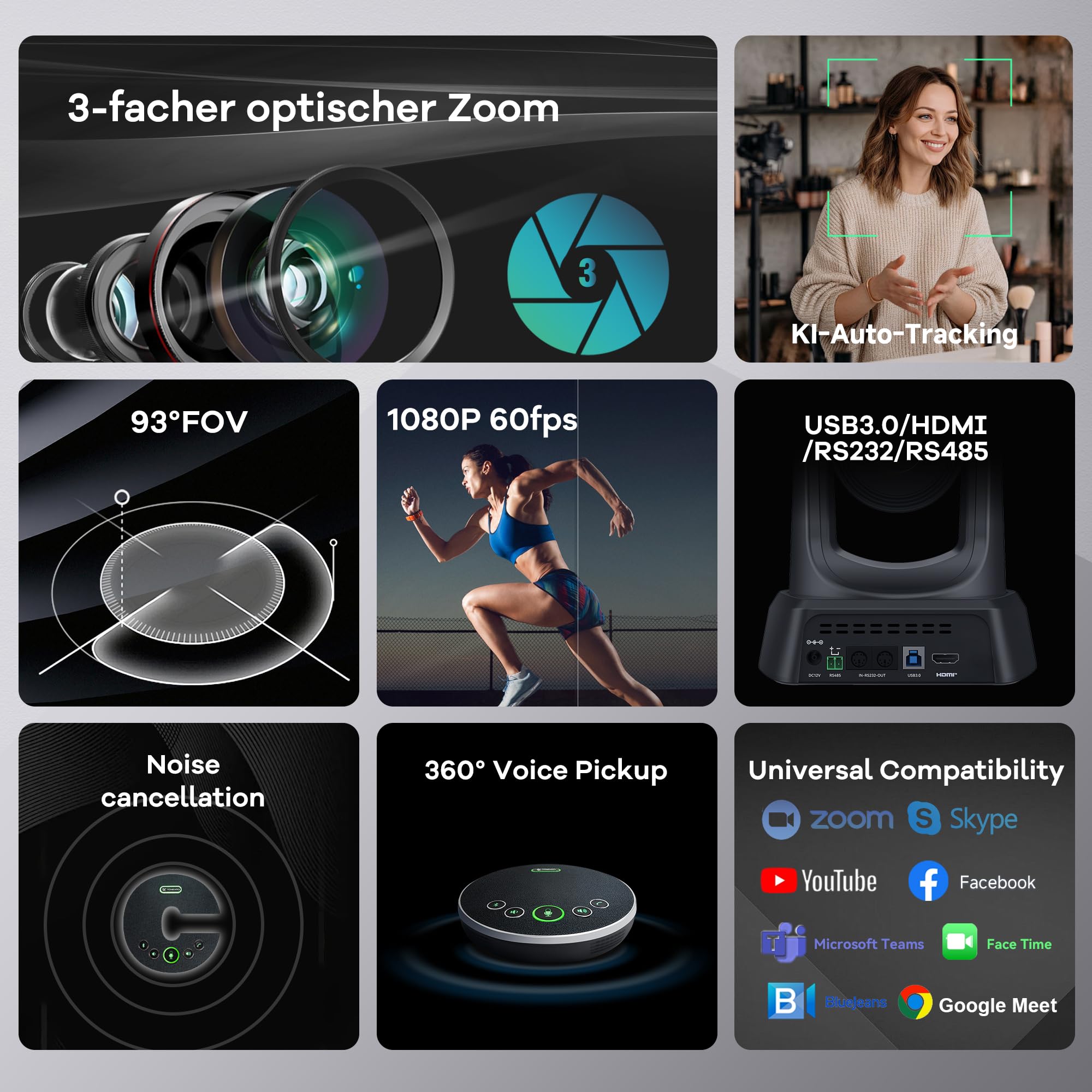 TONGVEO telecamere per sala conferenze vivavoce Bluetooth senza fili,Kit videocamera PTZ USB 3X 1080P 60fps per riunioni in chiesa Funziona con Microsoft Teams, Zoom, OBS, PC (Cam+Mic)