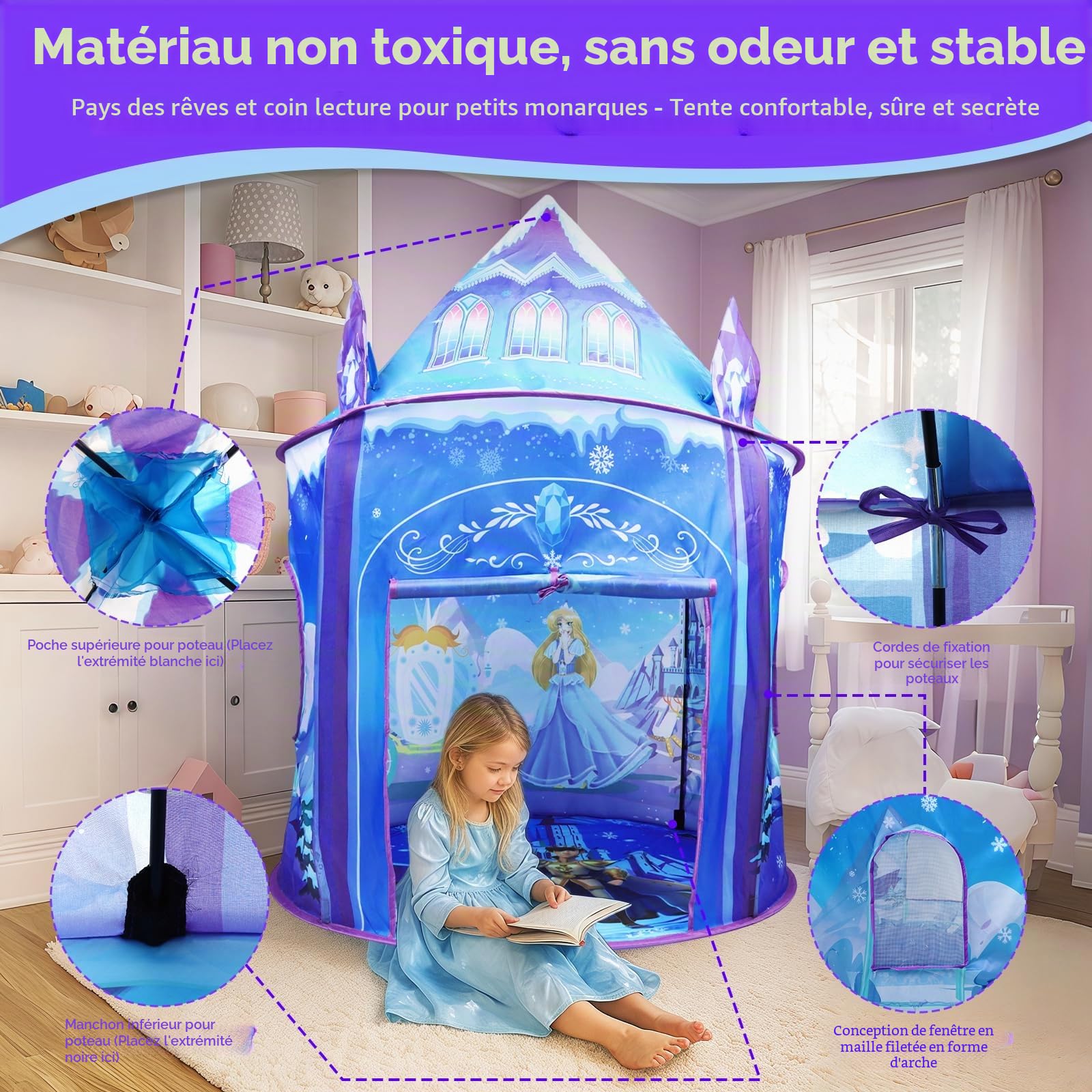 Tente de Jeu de Princesse pour Filles Château de Glace Jeu de rôle imaginatif Maison de Jeu intérieure extérieure Tente Pop-up Jouet Cadeau pour Enfants Tout-Petits fête Anniversaire