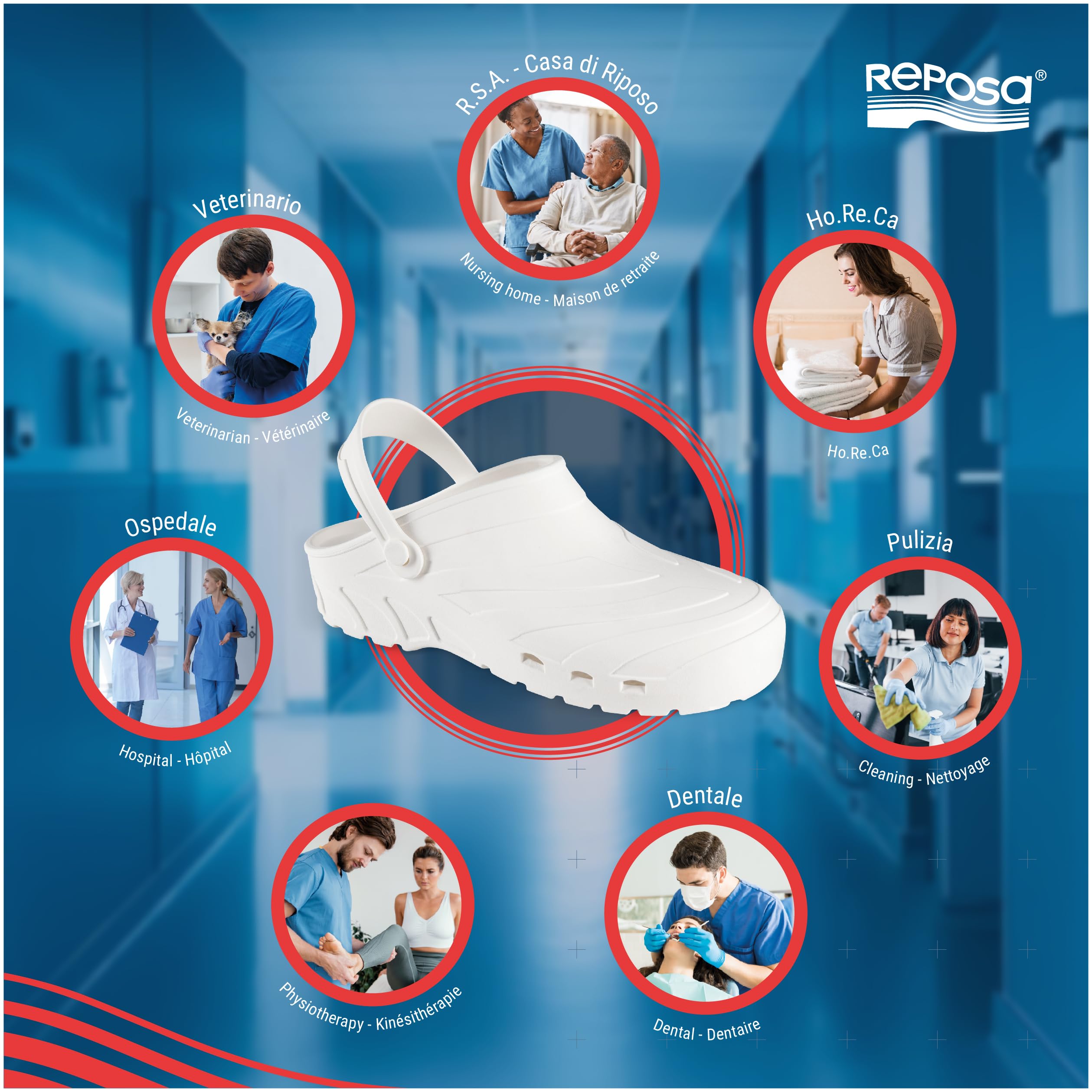 REPOSA Power - Sabot Femme et Homme Confortable, Léger et Antichoc en Caoutchouc, Sabots Chaussures de Travail Infirmiere Anatomiques avec Trous Latéraux - Sabots Femme Medical et Autres Secteurs