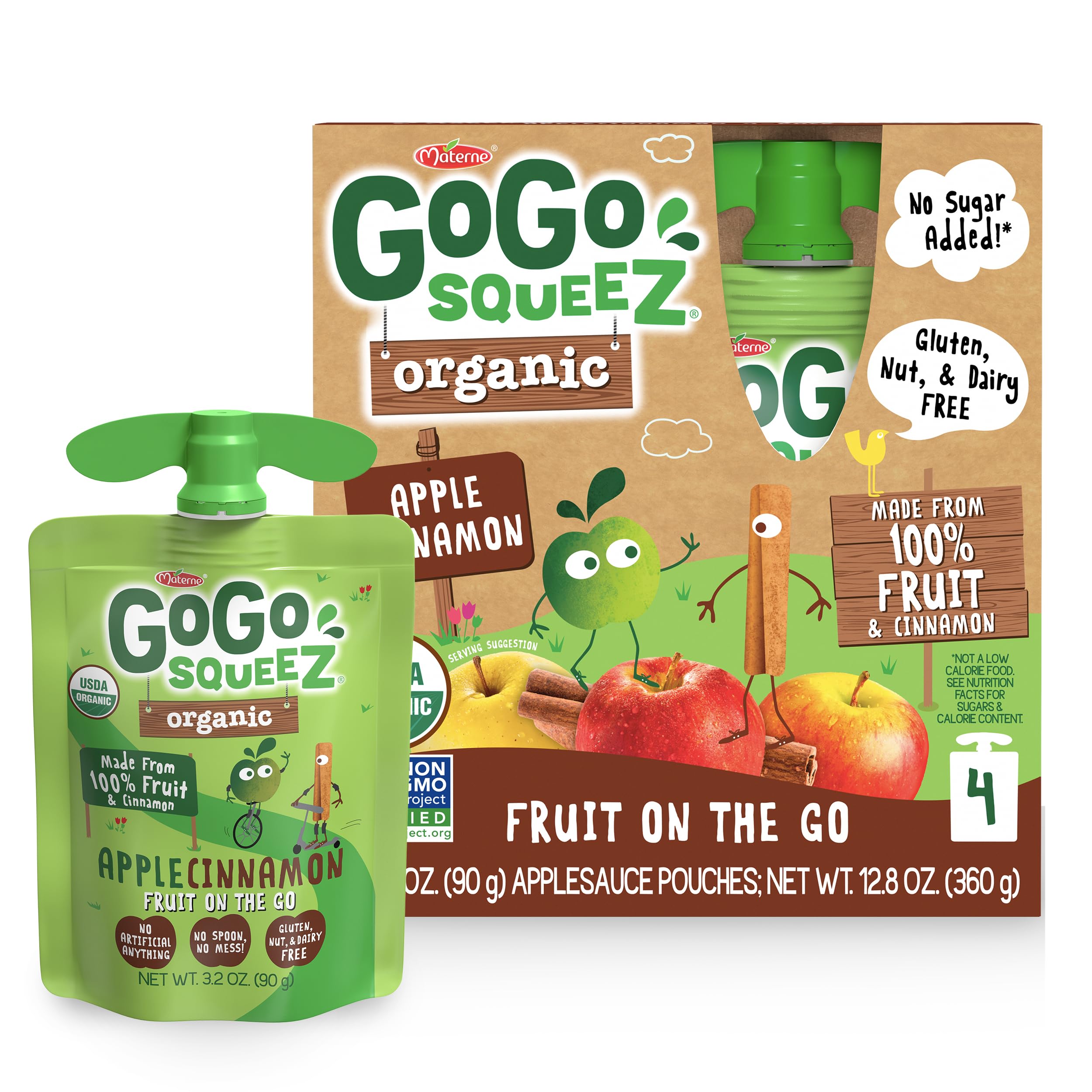 GoGo squeeZ Organic Applesauce and Fruit Puree, Apple Cinnamon, 3.2 oz (Pack of 4), Unsweetened Organic Fruit Snacks for Kids, Gluten Free, Nut Free and Dairy Free, Recloseable Cap, BPA Free Pouches