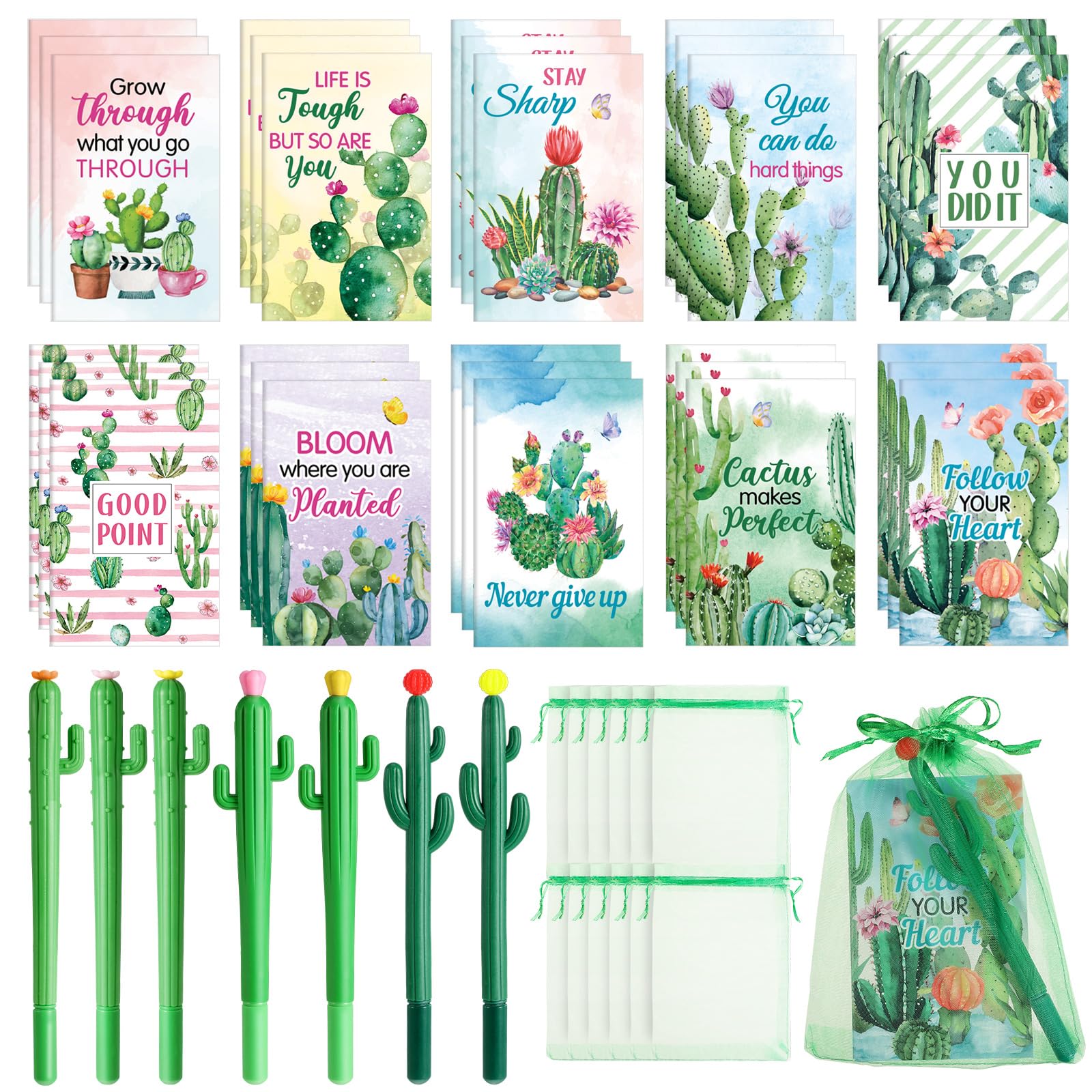 Yeaqee 30 Set Inspirational Appreciation Gifts 30 Motivational Notepads 30 Cactus Shaped Roller Pens and 30 Organza Bags Cactus Notepads Set Cactus Party Favors for Kids Students Teachers Co Workers