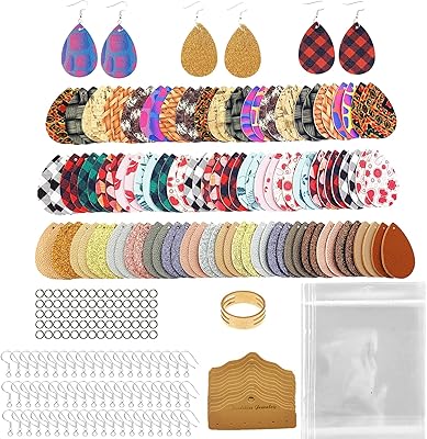 AOUXSEEM 401 Pcs Faux Leather Earrings Making Kit, Contains 120 Pcs Random Double Sided Teardrop Precut Earrings Pieces Hooks Jump Rings Opener Display Cards Self-Adhesive Bags