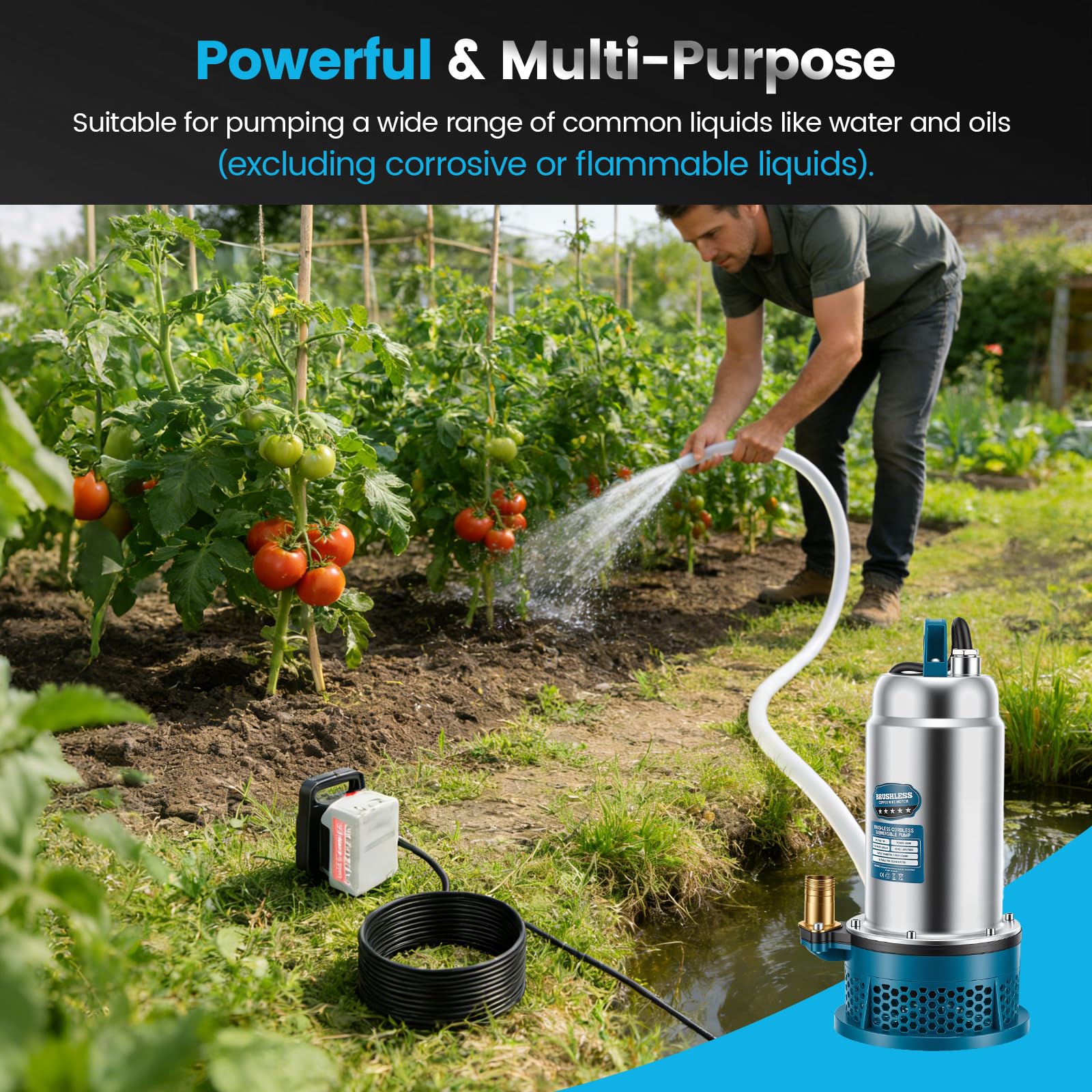 Tauchpumpe kompatibel mit Mk 18V Akku, 5000L/H Tragbare Kabellose Wasserpumpe Sumpfpumpe mit 10m Schlauch, 5M Verbindungskabel, 16M Förderhöhe, für Pool, Gartenbewässerung